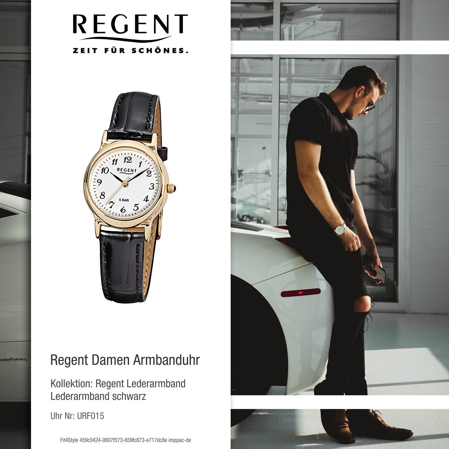 Analog, Armbanduhr klein (ca. Quarzuhr schwarz rund, 27mm), Regent Lederarmband Damen Regent Damen-Armbanduhr