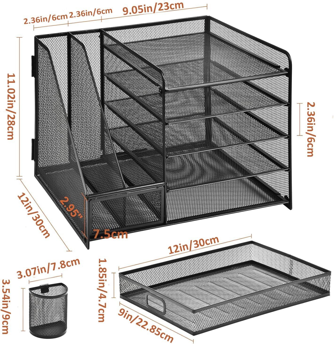 SURFOU Schreibtischaufsatz Schreibtisch Organizer mit Aktenhalter 5Tier Briefablage Ablagefächer, (mit Schublade 2 Stifthalter, Netz Schreibtisch Ablage), für B – Bild 5 von 5