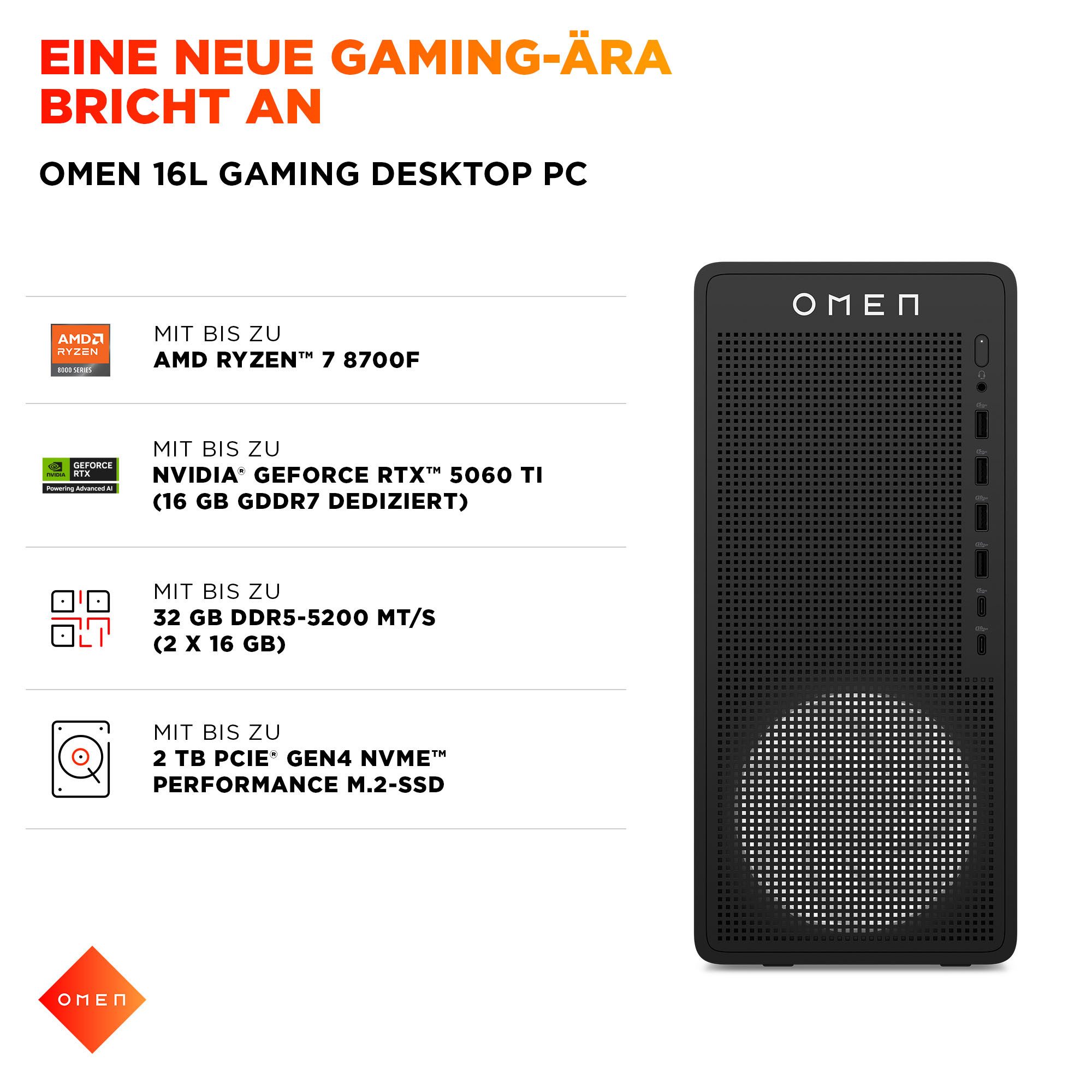 HP OMEN 16L TG03-0286ng Gaming-PC (AMD Ryzen 7 8700F, Radeon RX 9060XT 16GB, 16 GB RAM, 1000 GB SSD) – Bild 5 von 5