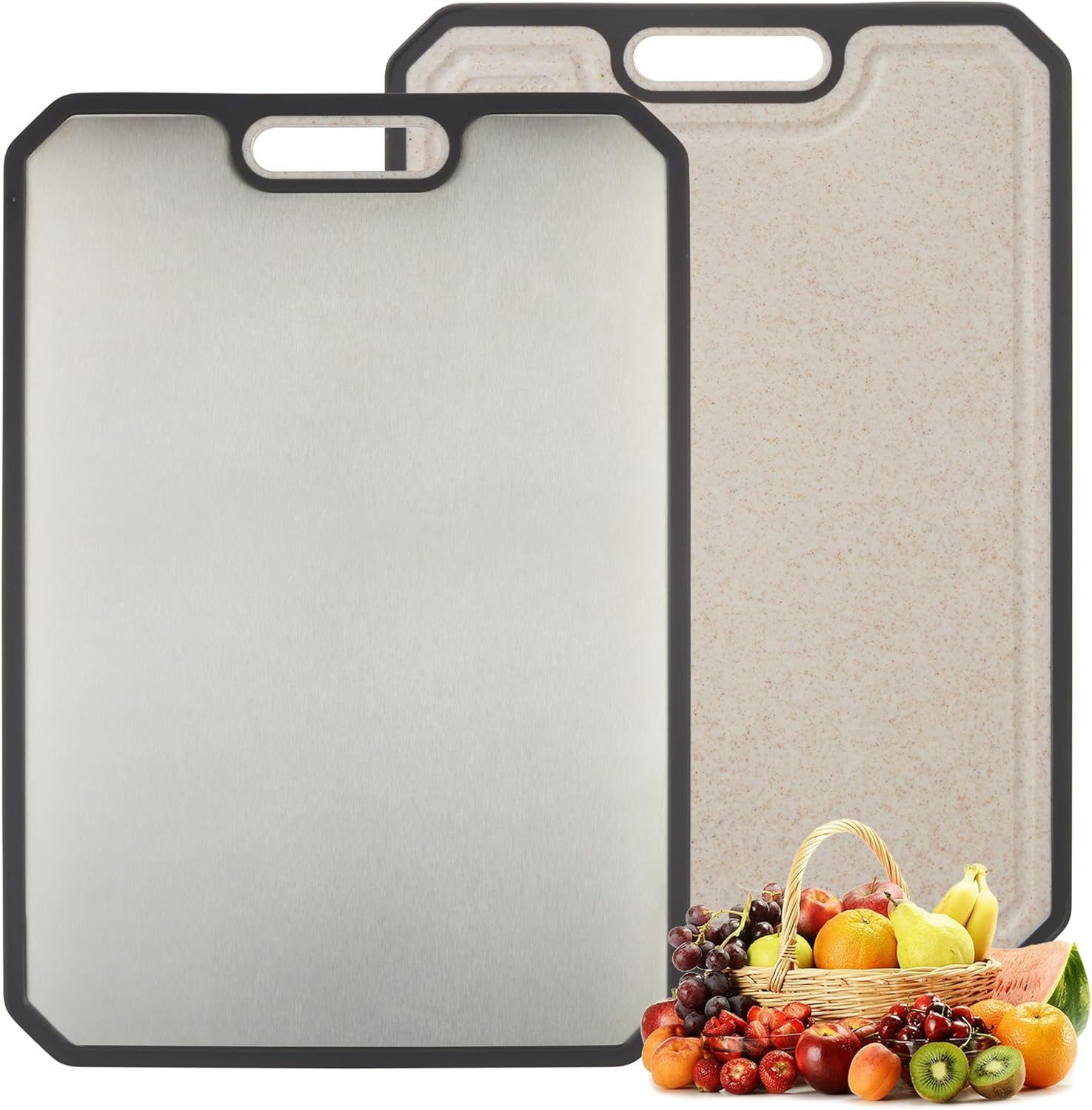 GarveeMore Schneidebrett, Edelstahl 304, (Packung, Doppelseitiges Schneidebrett), mit tiefer Saftrille und Griff, 38 x 25 cm