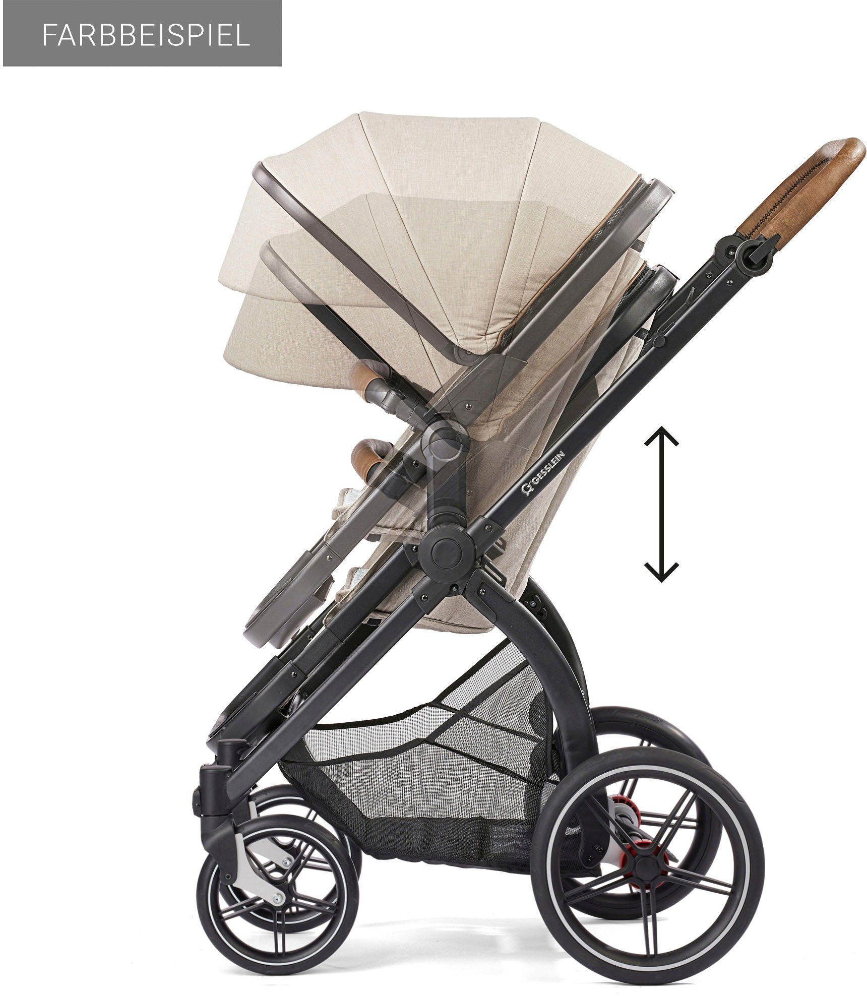 FX4 mit Gesslein olive, dark und Babywanne Aufsatz Life, C3 Babyschalenadapter Kombi-Kinderwagen Soft+ schwarz/cognac, mit