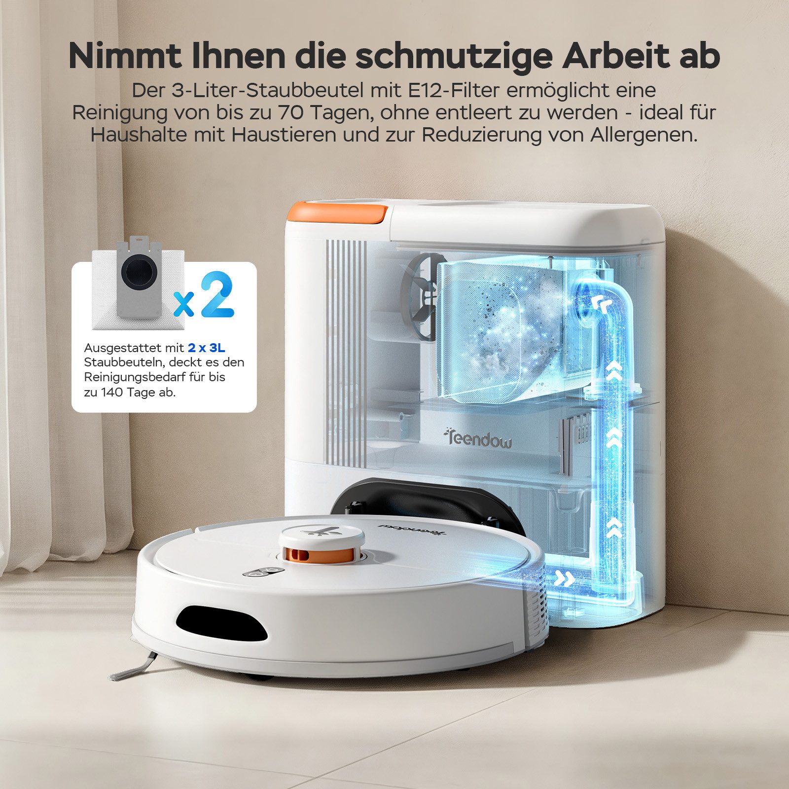 Teendow Saugroboter D20S MAX Saugroboter mit Wischfunktion Selbstreinigung für Tierhaare, 850 W, mit Beutel, Mit Haarschneidemaschine für die Haustierpflege,70 Tage,240min,3L