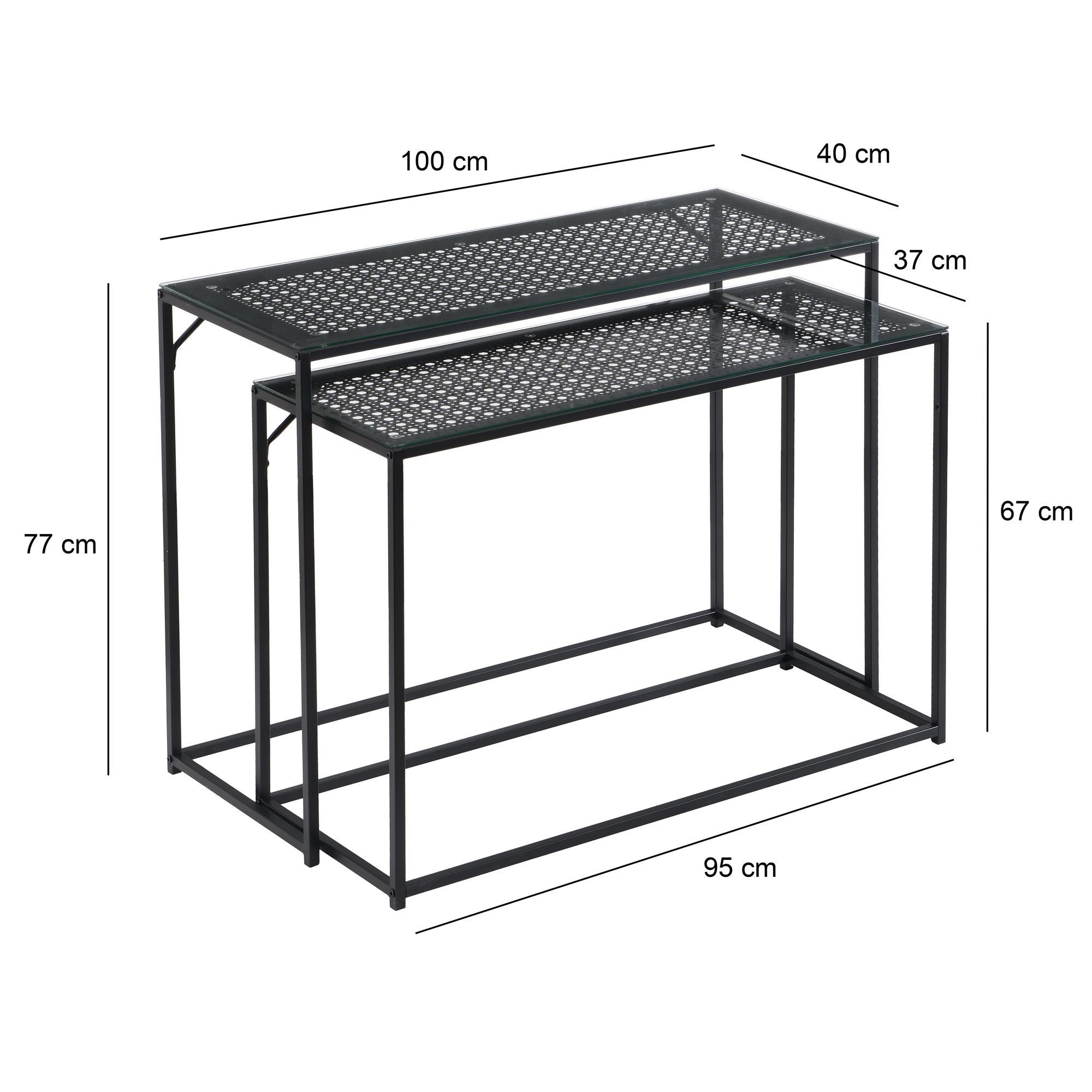 FINEBUY Konsolentisch FB72750 2er Set e Flurtische Metall Glasplatte Modern Industrial (Dekotische 2er Set Schwarz Glas Metall Modern), Ablagetische Wohnzimmer, Glastische Platzsparend