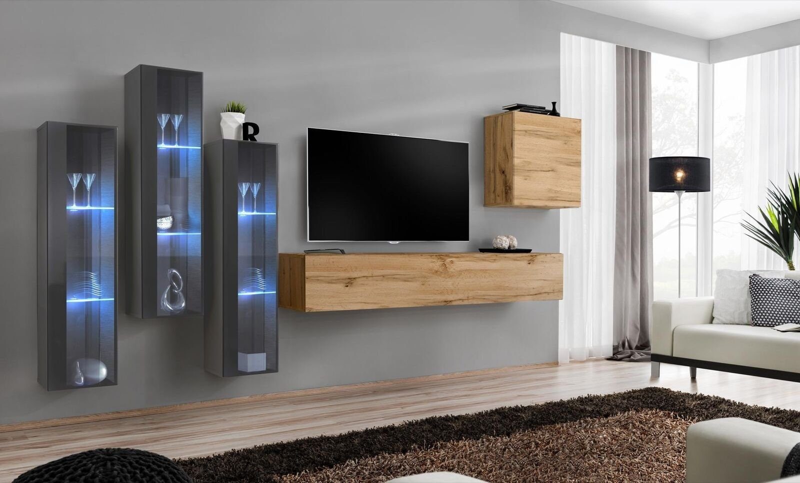 JVmoebel Wohnzimmer-Set Wohnzimmer Wohnwand Holz Made Luxus 4x in Stil Wohnwand Einrichtung Modern, + Wandschrank), 1x Garnitur Europa TV (6-St., Ständer 1x + neu