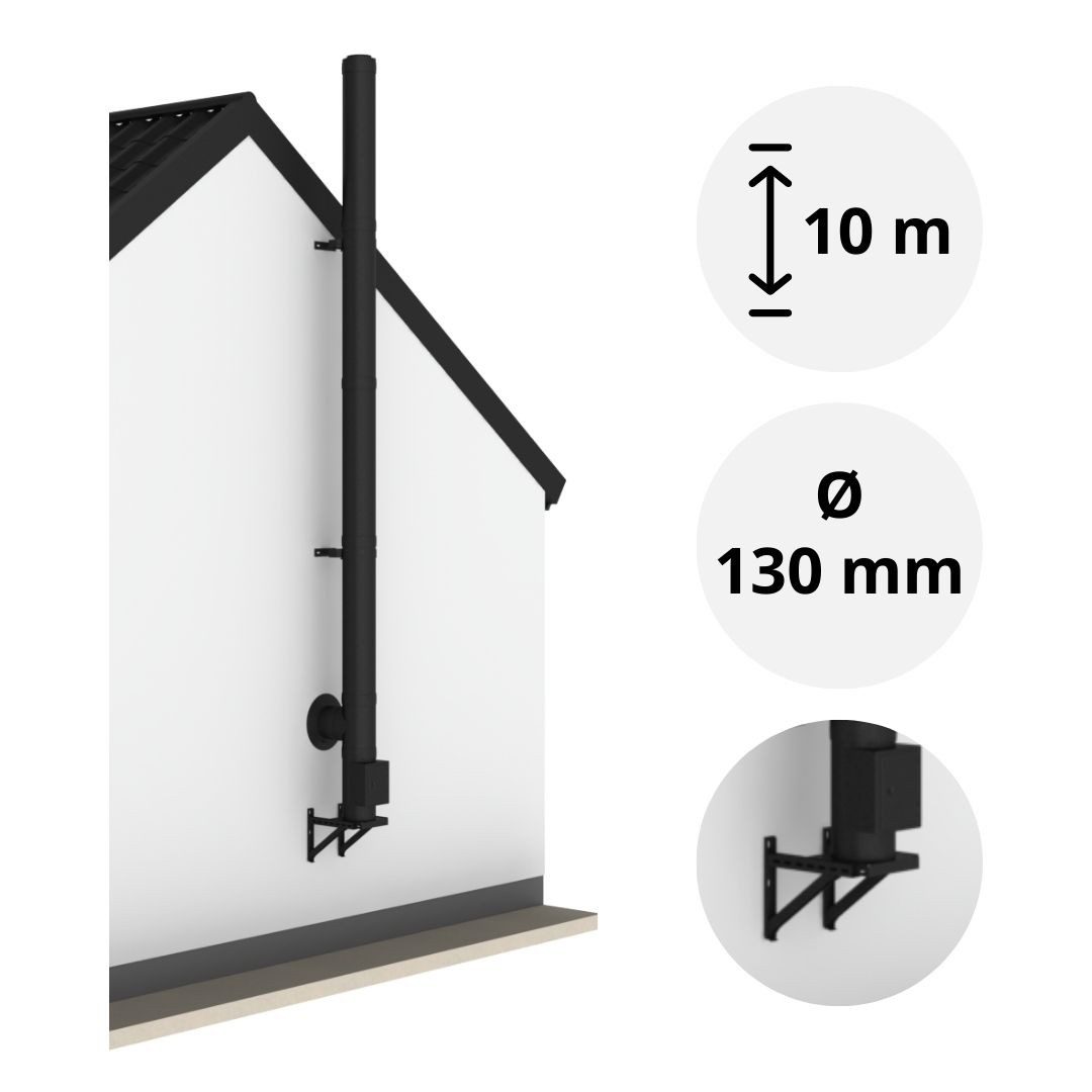 Jeremias Schornstein 10 m EdelstahlSchornstein Ø130mm Komplettset DW DW-Black Wandmontage, Ø 130 mm