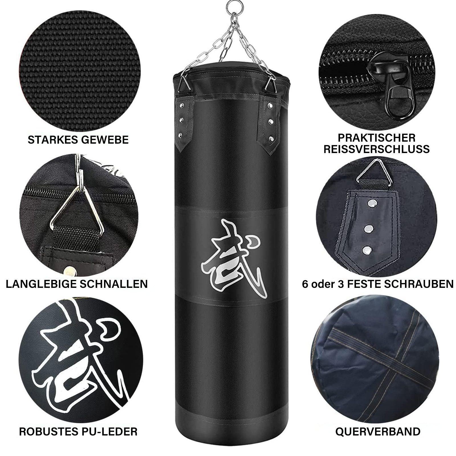MOPUEA Boxsack Boxsack Sports Boxsack großer Profi Stahlkette Sandsack schwarz 120cm (Hängender Boxsack Set Ungefüllt für Erwachsene Jugend Training), für MMA Muay Thai Karate Taekwondo Training, Oxford-Tuch