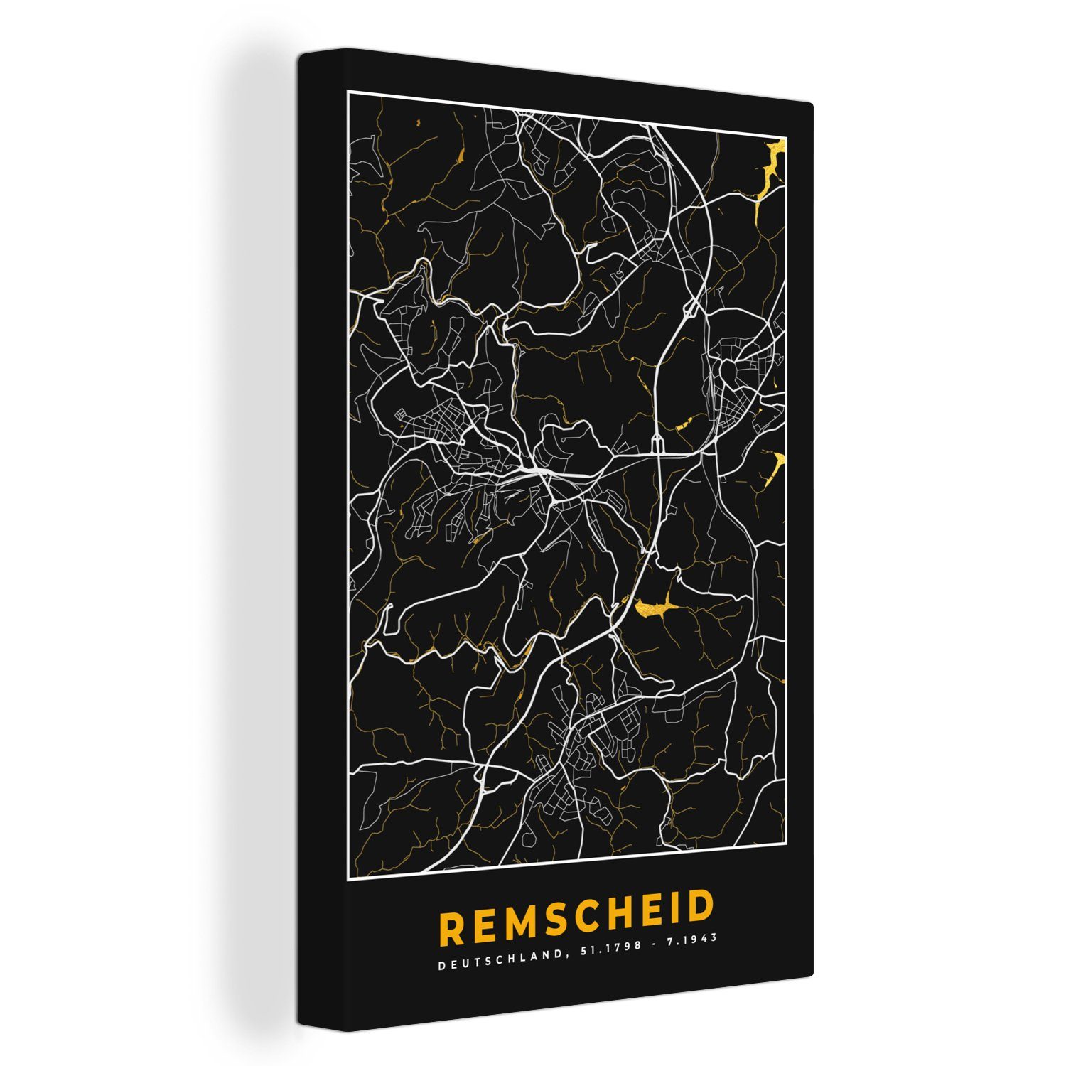 OneMillionCanvasses® Leinwandbild Remscheid - Stadtplan - Gold - Karte - Deutschland, (1 St), Leinwandbild fertig bespannt inkl. Zackenaufhänger, Gemälde, 20x30 cm