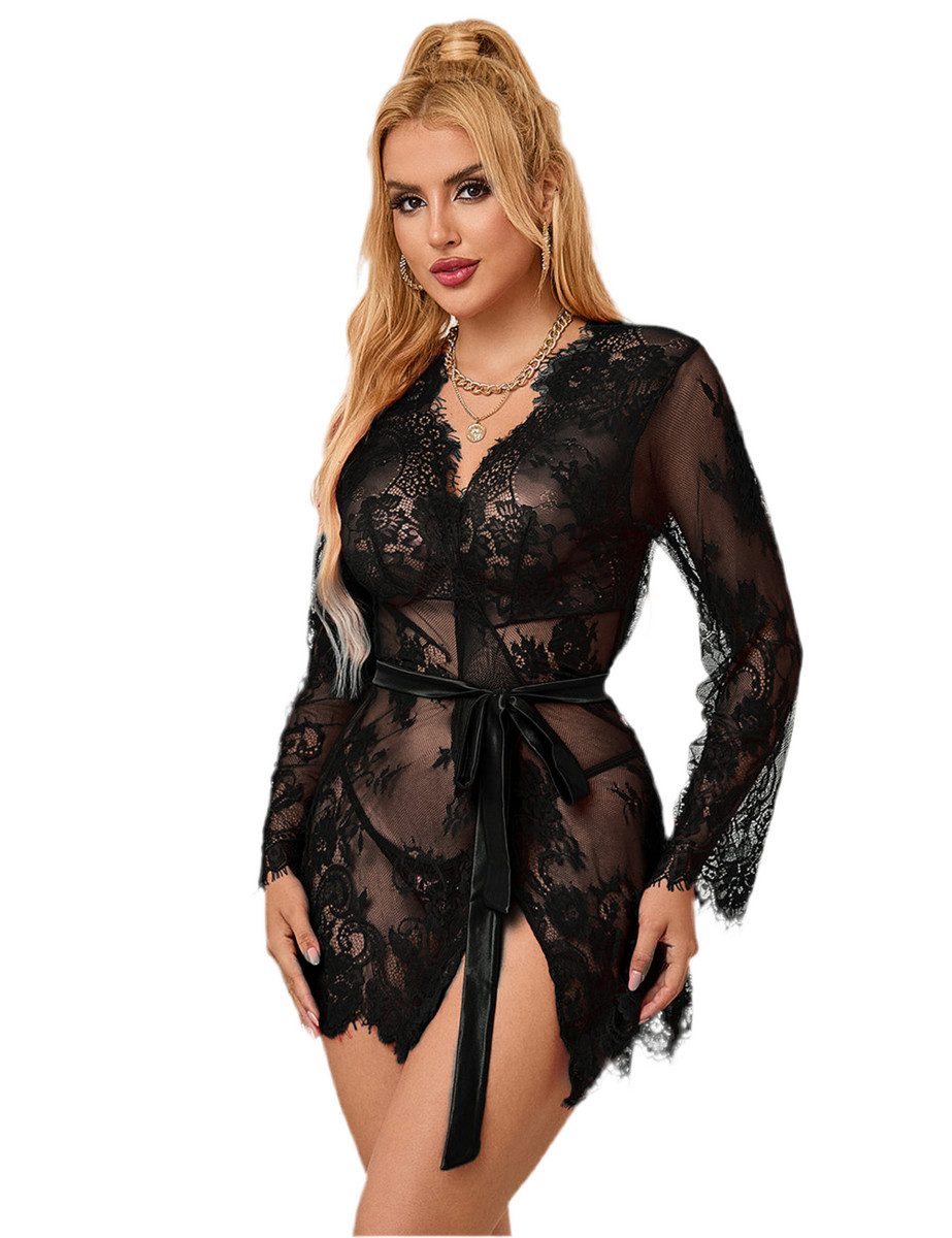 Lau-Fashion Nachthemd Pyjama Set Spitze Transparent Nachtwäsche Schwarz Str günstig online kaufen