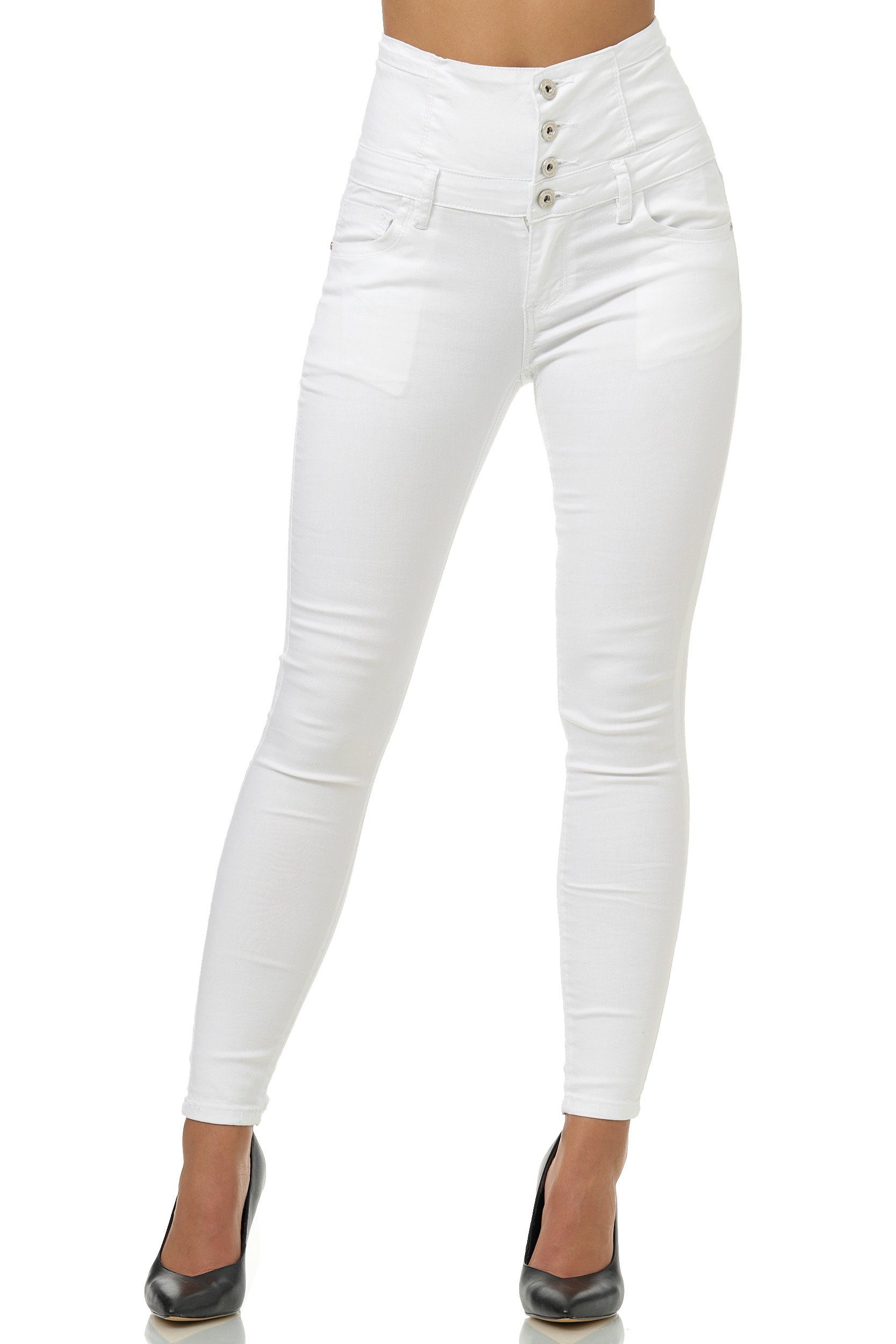 Waist Elara Hoher Skinny Knopfleiste und Damen Verschluss: Bund, Stretch High High-waist-Jeans Jeans Elara Reißverschluss (1-tlg),