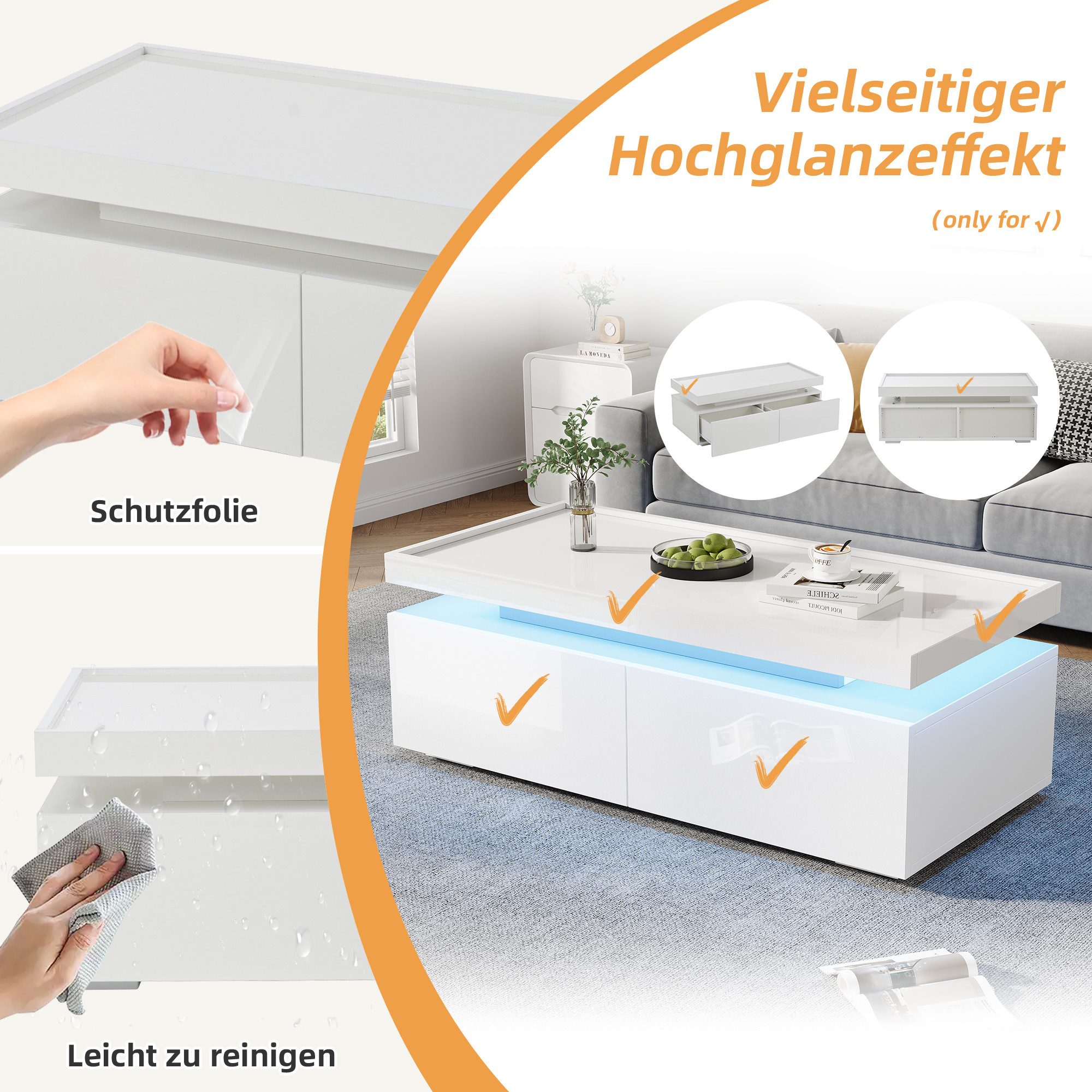 Merax Couchtisch Couchtisch hochglanz Sofatisch Beistelltisch mit LED-Beleuchtung (1-St., 1 Tisch), Wohnzimmertisch mit 2 Schubladen & Ablage, inkl. App, 95x45x – Bild 5 von 5