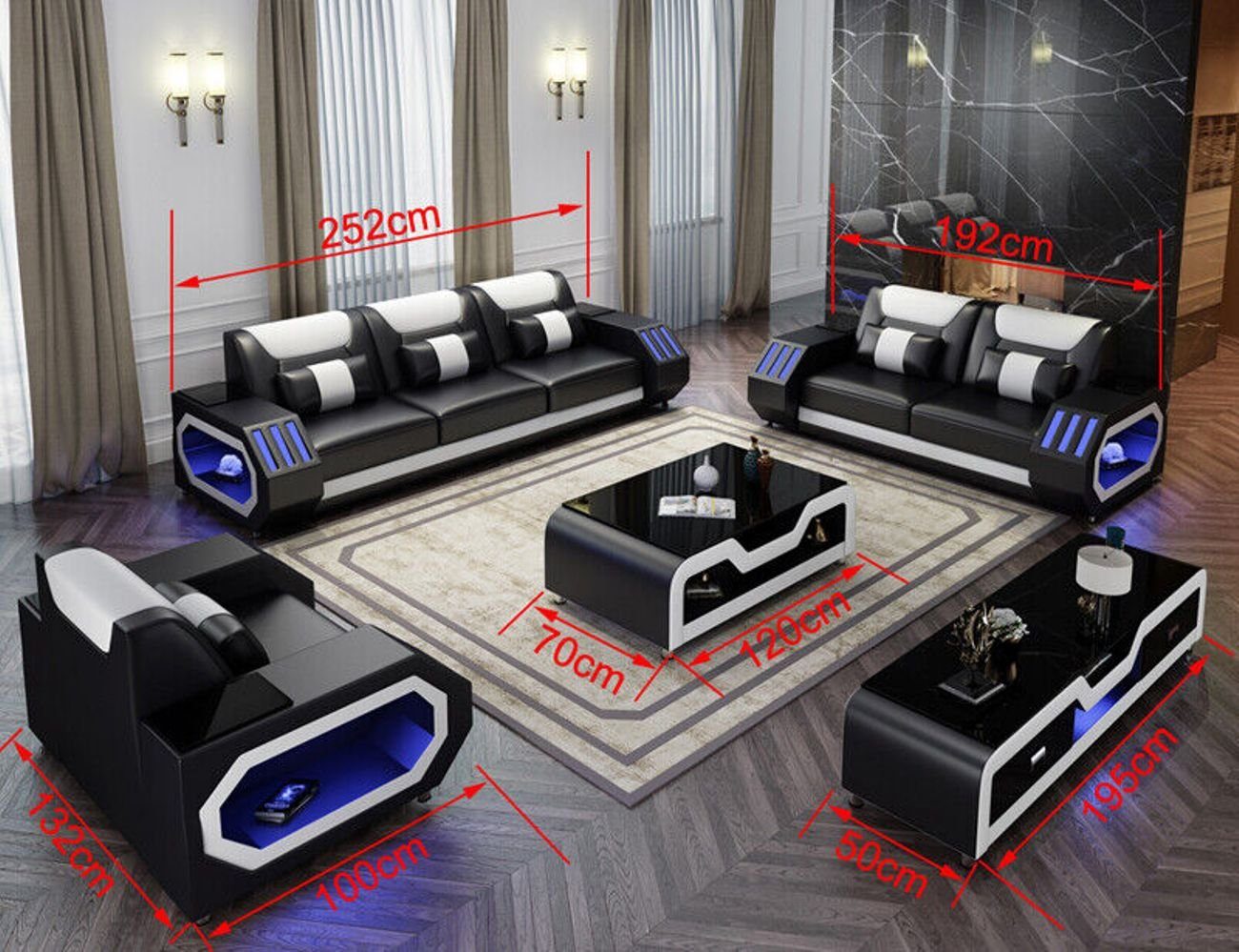 Wohnzimmer-Set Sofagarnitur JVmoebel Schwarz 3+2+1 Couch G8046D, Sofa Sitzer Garnitur Set Leder Polster (3-St)