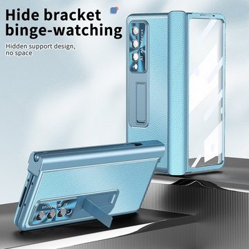 Wigento Handyhülle Für Samsung Galaxy Z Fold4 5G Magnetische Kunststoff / Glas Handy Tasche Hülle Etuis Blau + Stift