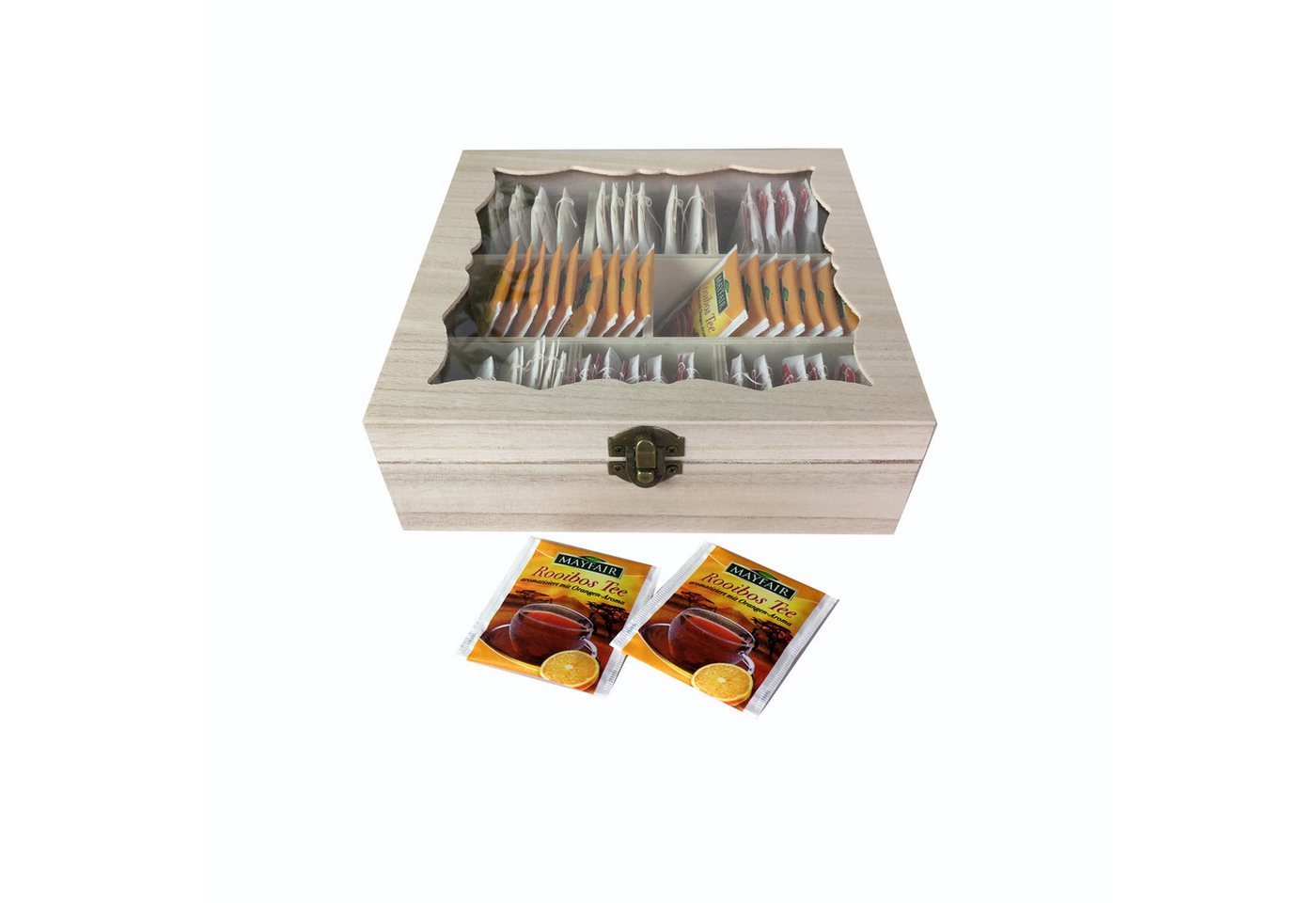 Mojawo Gewürzbehälter Teebox Holz Natur mit Glasdeckel 8 Fächer