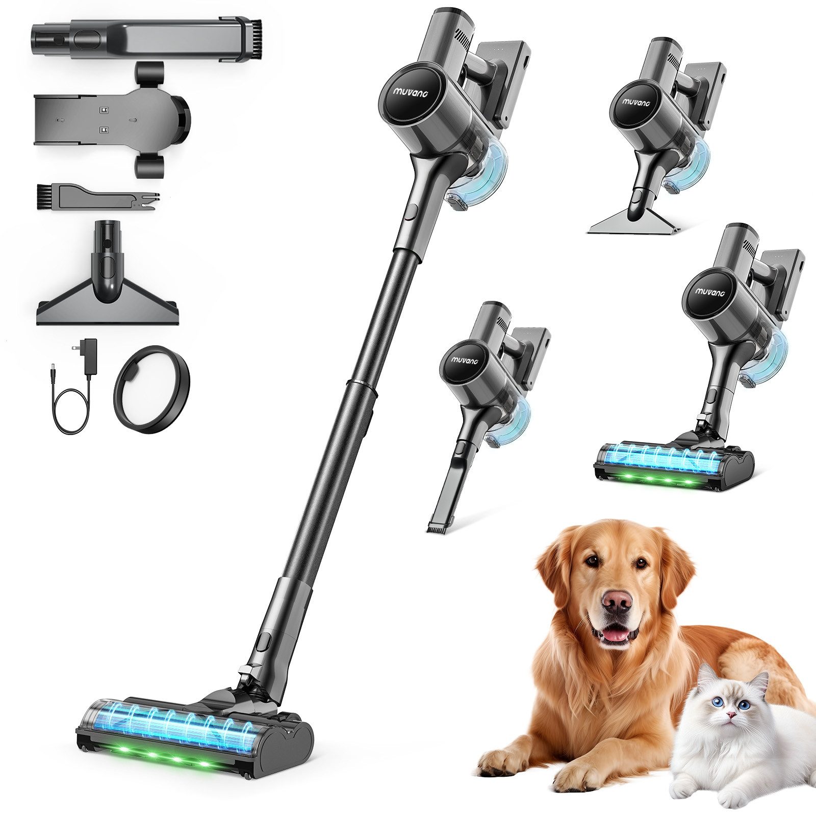 Akku-Hand-und Stielstaubsauger 45000Pa/500W/60Min,1,5L Akku Staubsauger Kabellos, Anti-Tangle-Bürste