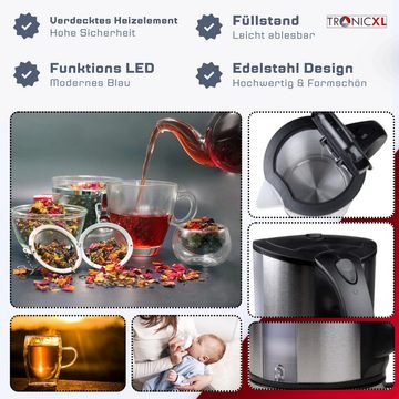 TronicXL Wasserkocher Edelstahl Wasserkocher 1,7L Teekocher mit LED und Füllstandsanzeige, 1.7 l, 2000 W, Automatische Abschaltung, 360° Basis Tee Babybrei Kaffee Bereiter