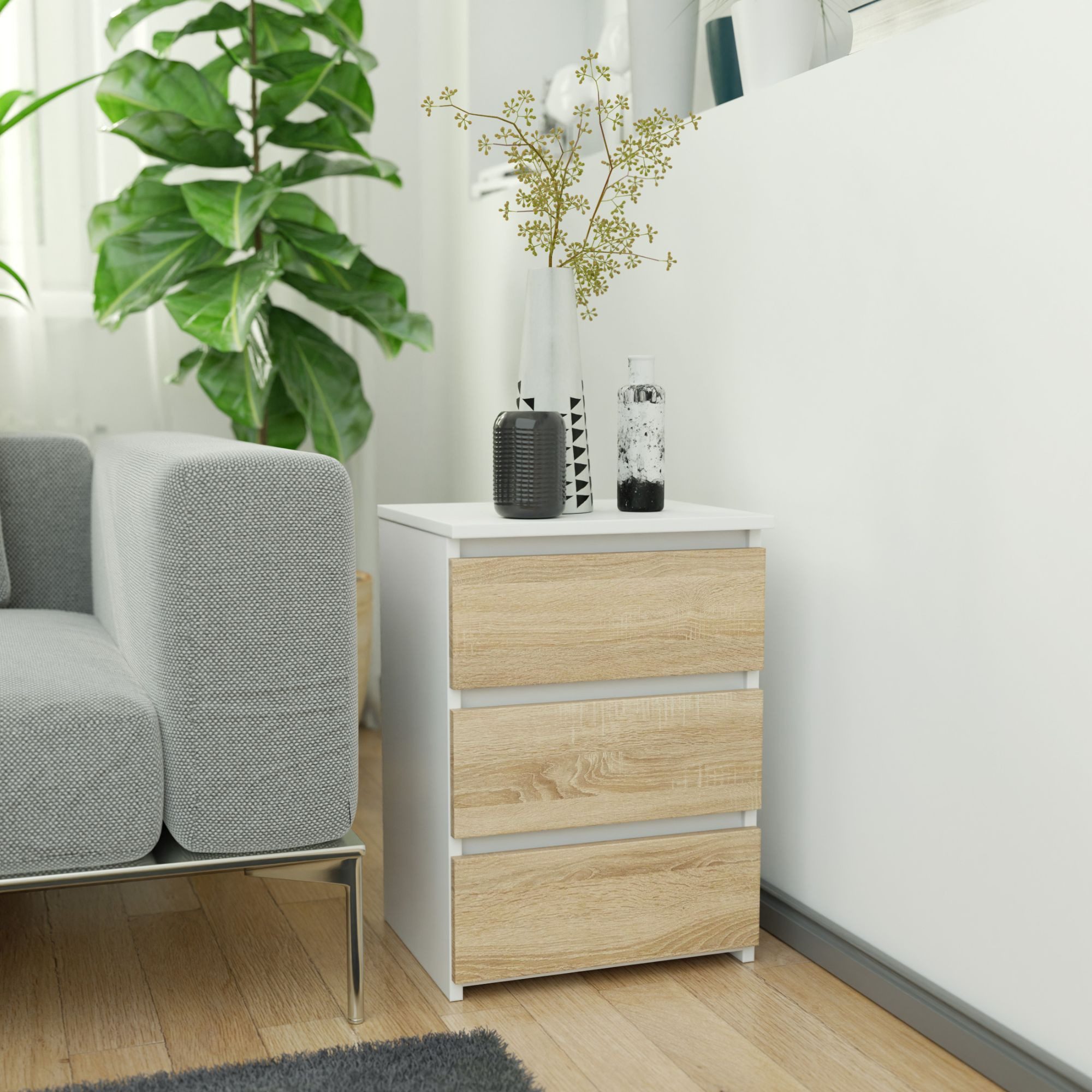 Home Collective Kommode 40 cm breit Holz Highboard Sideboard für Flur Schlafzimmer Wohnzimmer (Mehrzweckschrank Schrank schmal Kommode Schlafzimmer mit Schubladen), Kinderzimmer Organizer, 57 cm hoch mit 3 Schubladen weiß-sonoma Eiche