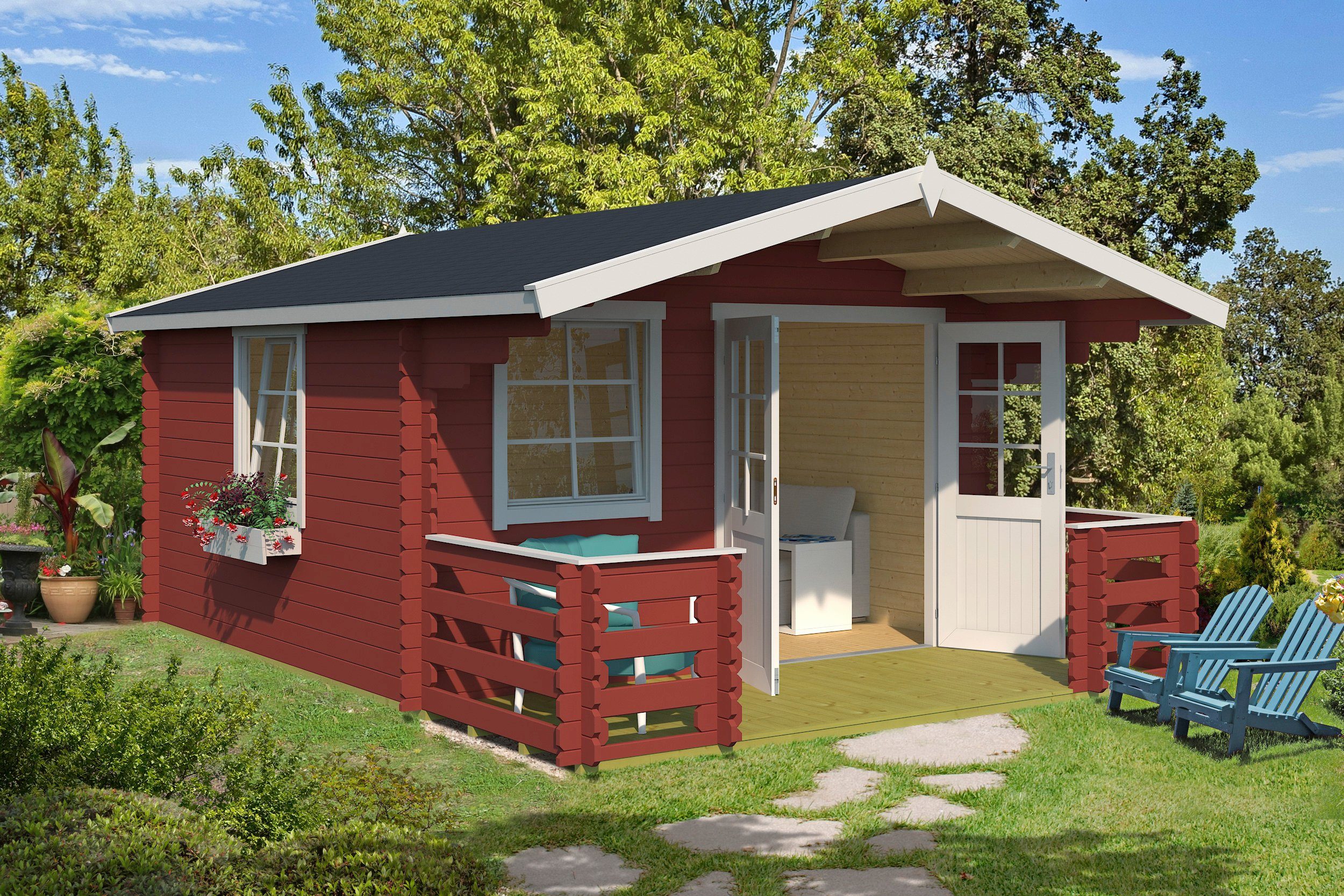 LASITA MAJA Gartenhaus Luna 2, Schwedenrot, BxT: 380x420 cm, (Set), mit Terrasse und Geländer