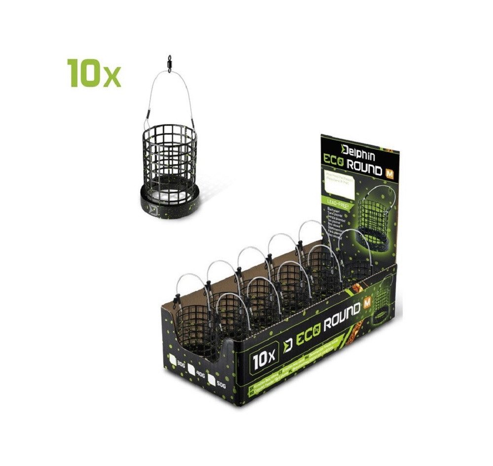 Delphin.sk Feederkorb 10 Futterkörbe SET ECO ROUND Bleifrei - 30g 40g 50g 60g 70g 80g 100g, (10er SPAR-SET, 10-St. 10er SPAR-SET), Das hinzugefügte Stahlgewicht bildet den Schwerpunkt am Boden