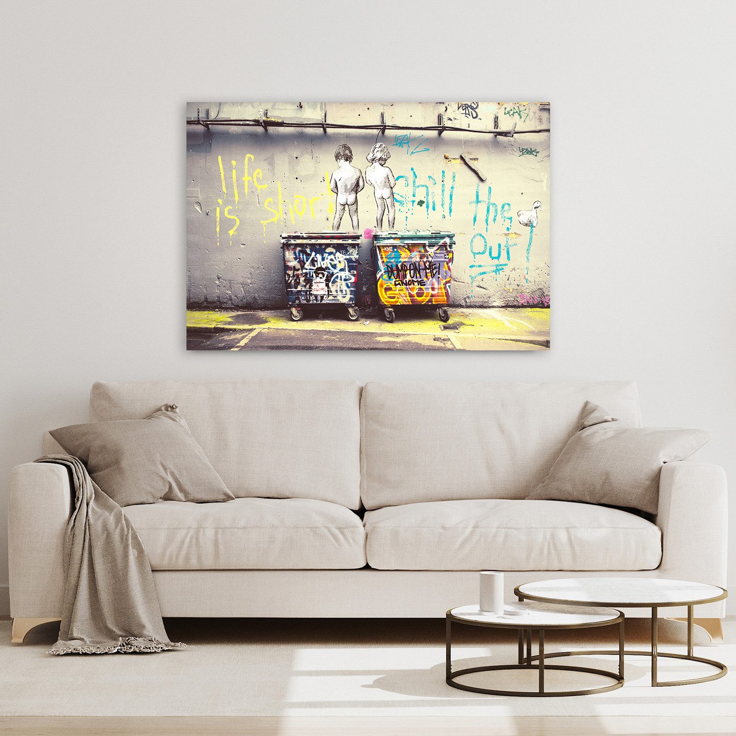 Affengeilebilder Leinwandbild Life is Short by Banksy auf Keilrahmen gespannt, (1 St), Kunstdruck Wandbild Bild in verschiedenen Formaten