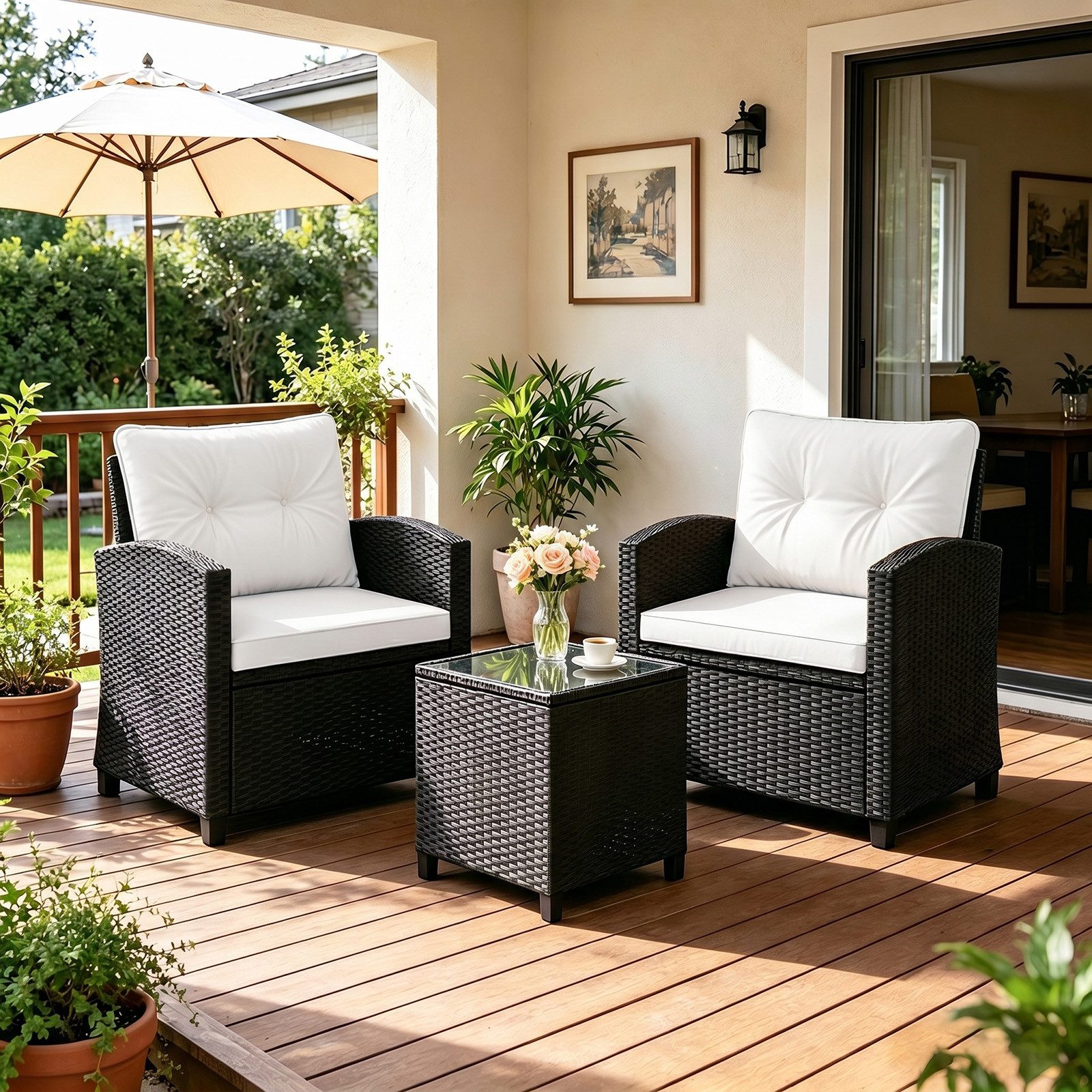 COSTWAY Balkonset, (3-tlg), Gartenmöbel Set Rattan mit Kissen, 2 Stühlen, Tisch