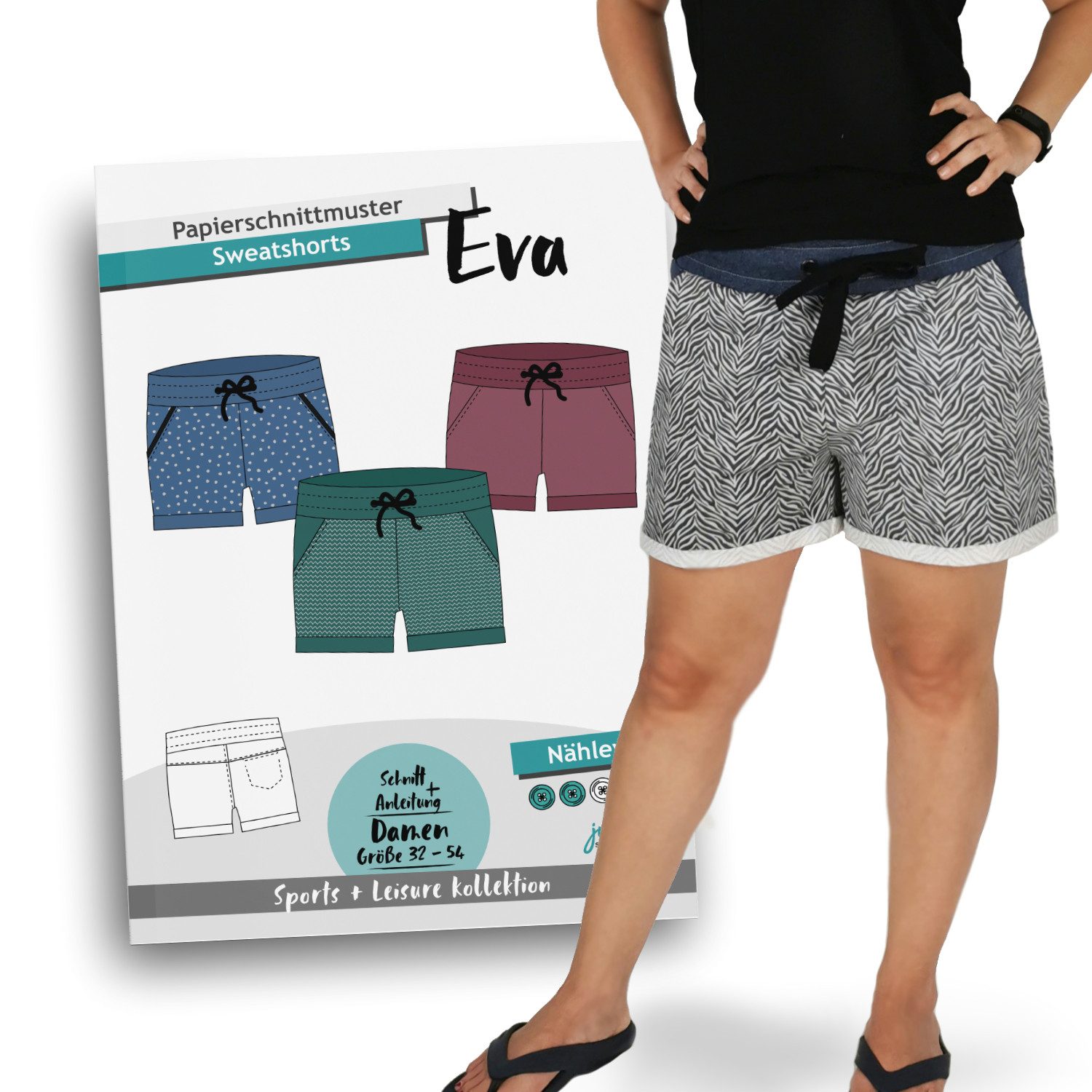 julendo Kreativset Schnittmuster Sweatshort "Eva", Gr. 32 bis 54 zum Nähen für Damen, Hergestellt in Deutschland