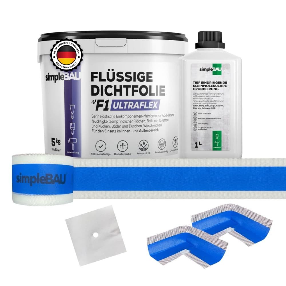 simpleBAU Dichtstoff Flüssigfolie Dichtfolie F1 Ultraflex 5kg + Tiefengrund 1L, (5-tlg)