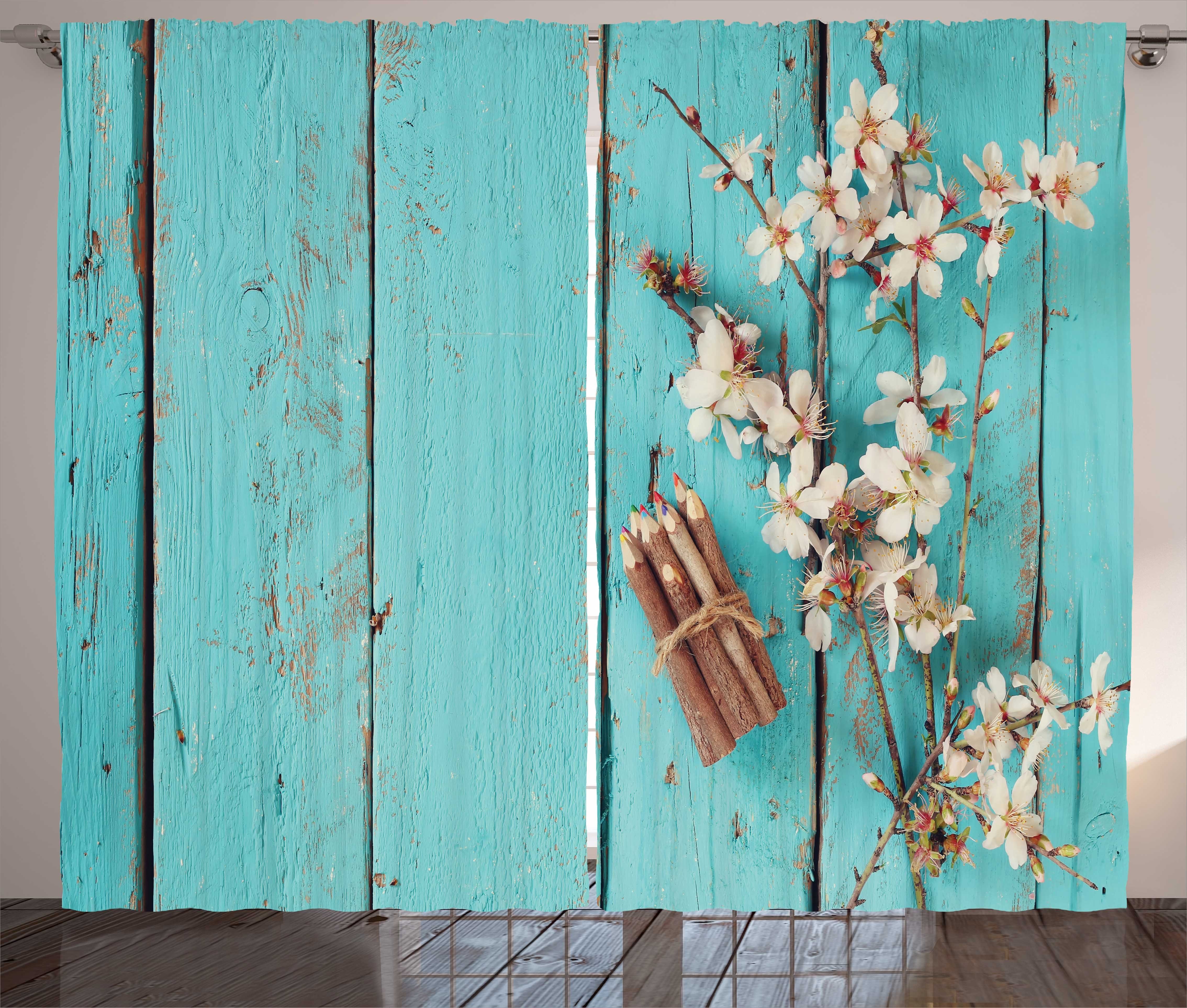 Gardine Schlafzimmer Kräuselband Vorhang mit Schlaufen und Haken, Abakuhaus, Mandelblüte Farbstift auf Blau