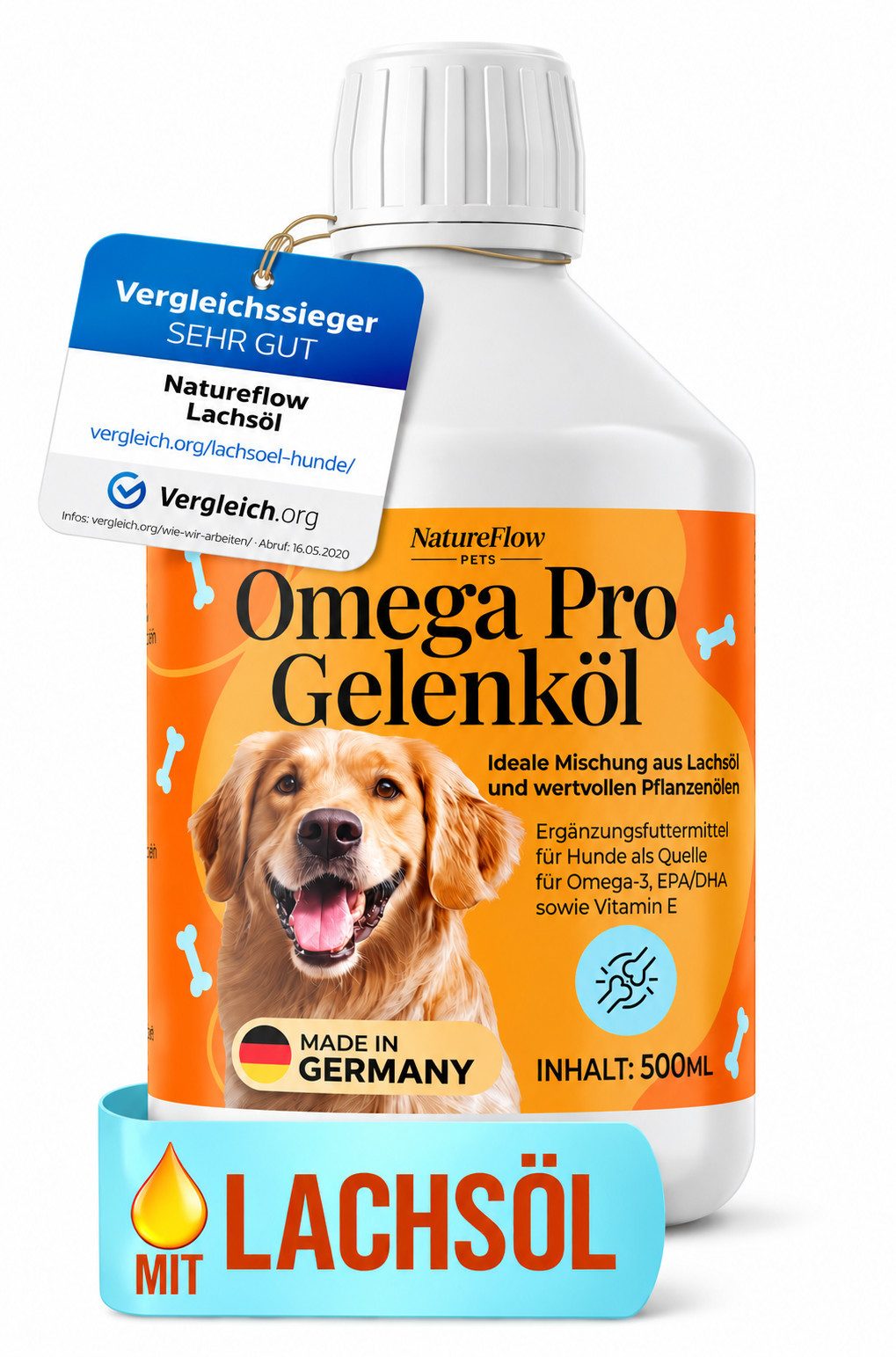 Natureflow Omega Pro Gelenköl für Hunde mit Lachs- & Leinöl, Omega 3 & 6, 500 ml Lachsöl mit Leinöl, Hanföl & Borretschöl, Ergänzungsfutter für: Hund