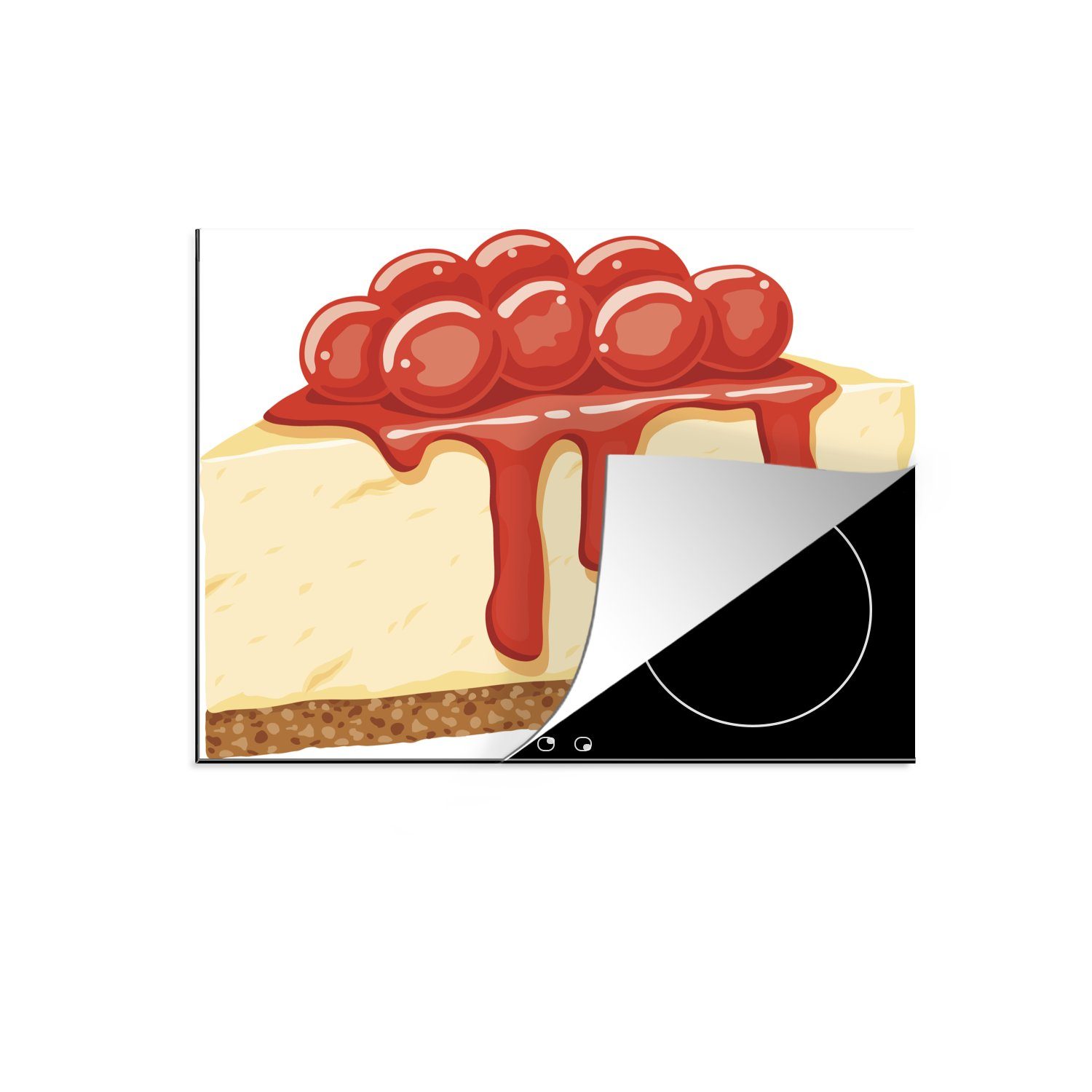 MuchoWow Herdblende-/Abdeckplatte Eine Illustration von Käsekuchen mit roten Kirschen, Vinyl, (1 tlg), 70x52 cm, Mobile Arbeitsfläche nutzbar, Ceranfeldabdeckung