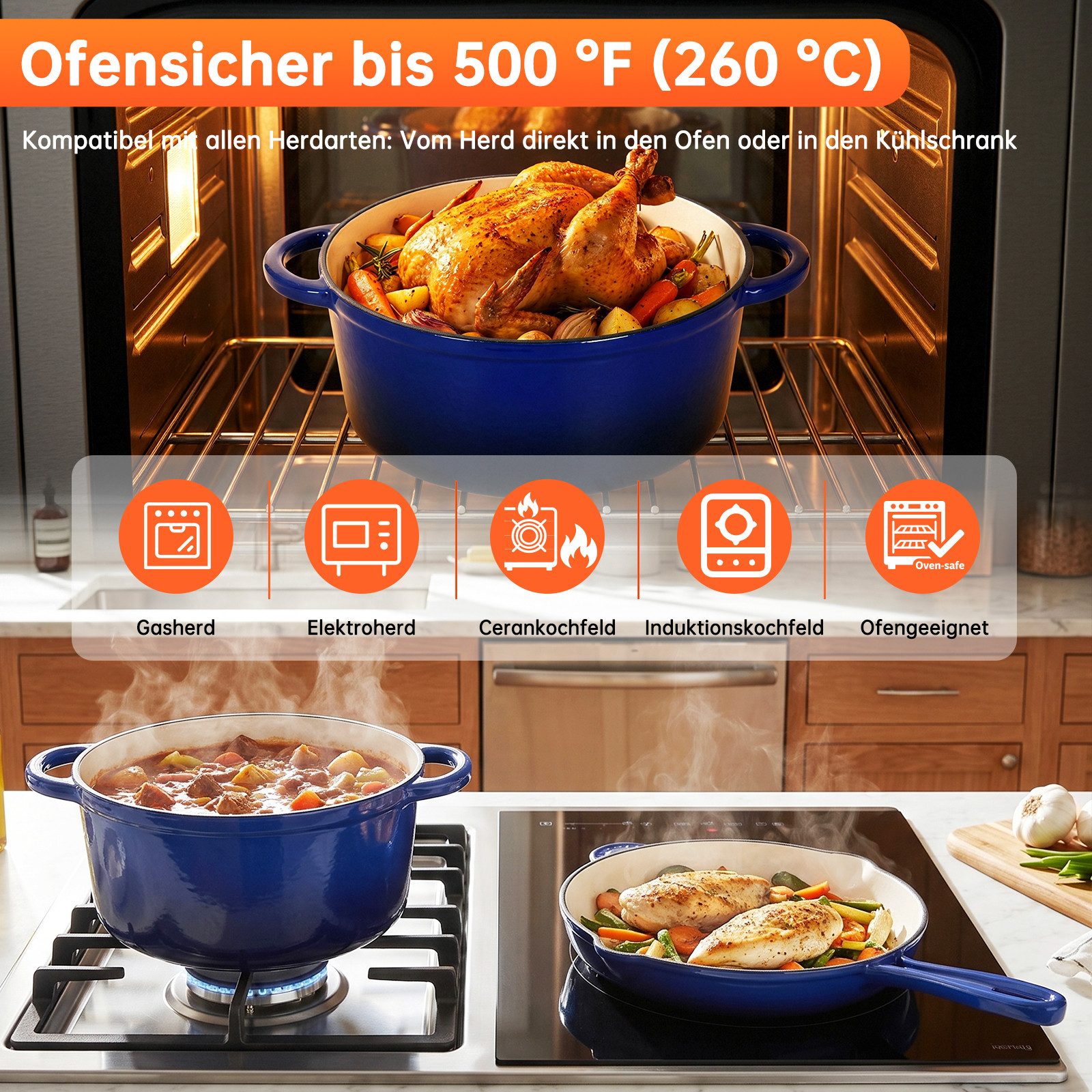 TLGREEN Topf-Set 4‑teiliges emailliertes Gusseisen Topf‑Set, (Ofenfest Kochgeschirr‑Set mit Emaille‑Beschichtung, Induktionsgeeignete Schmortöpfe für Gas‑,Elekt – Bild 5 von 5