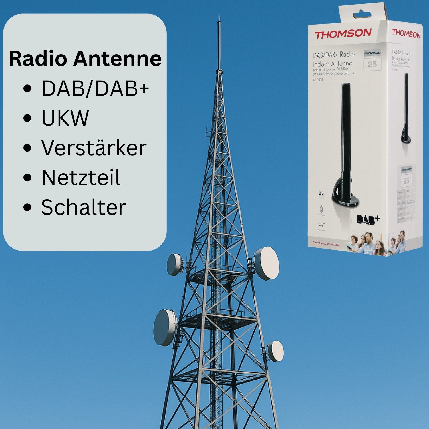 Thomson ANT1438 Zimmer Antenne Digital Radio DAB+ DAB Stabantenne (DAB+, DAB, UKW, FM, für Innenbereich, Verstärkung: 30 dB), HiFi Audio Aktiv mit Verstärker 30dB Verstärkung Radioantenne UKW FM