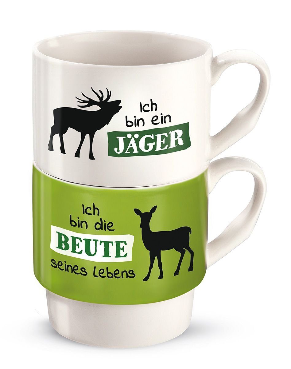 GILDE Dekoobjekt 6er Set Porzell 2tlg Stapeltasse Jagd Jäger Becher weiß/grün in Gesch