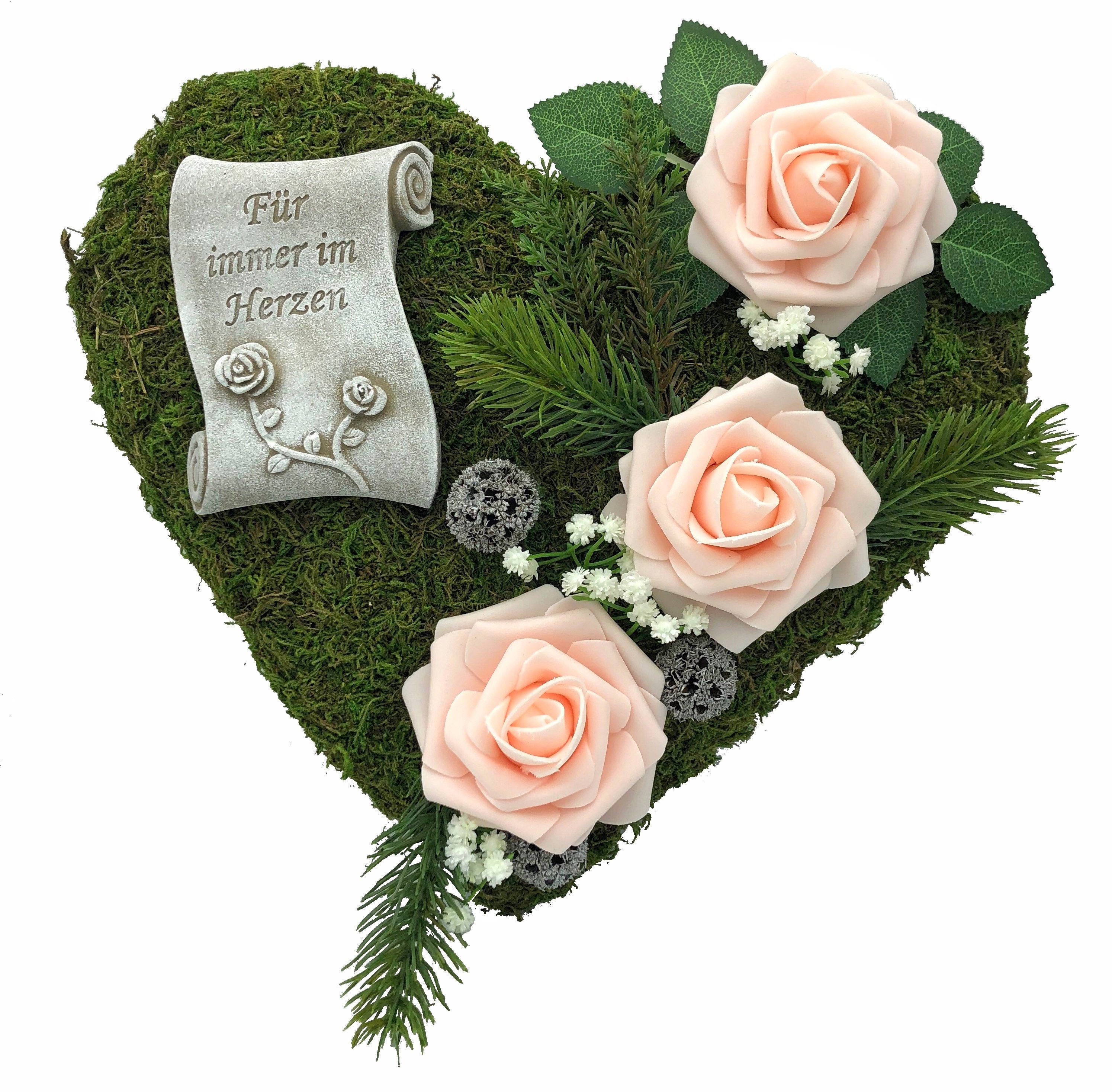 Radami Gartenfigur Grabgesteck "Für immer im Herzen" 30cm 3Rosen rosa