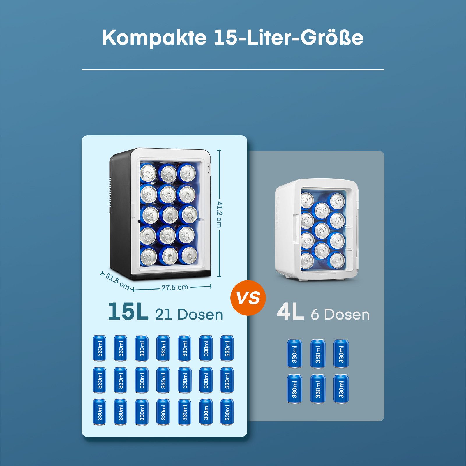 FOHERE Kühlschrank 2-in-1-Minikühlschrank, 15L, Kühlen und Heizen, DC/AC, Schwarz, 41.2 cm hoch, 27.5 cm breit, mit transparentem Sichtfenster und herausnehmbaren Ablagen