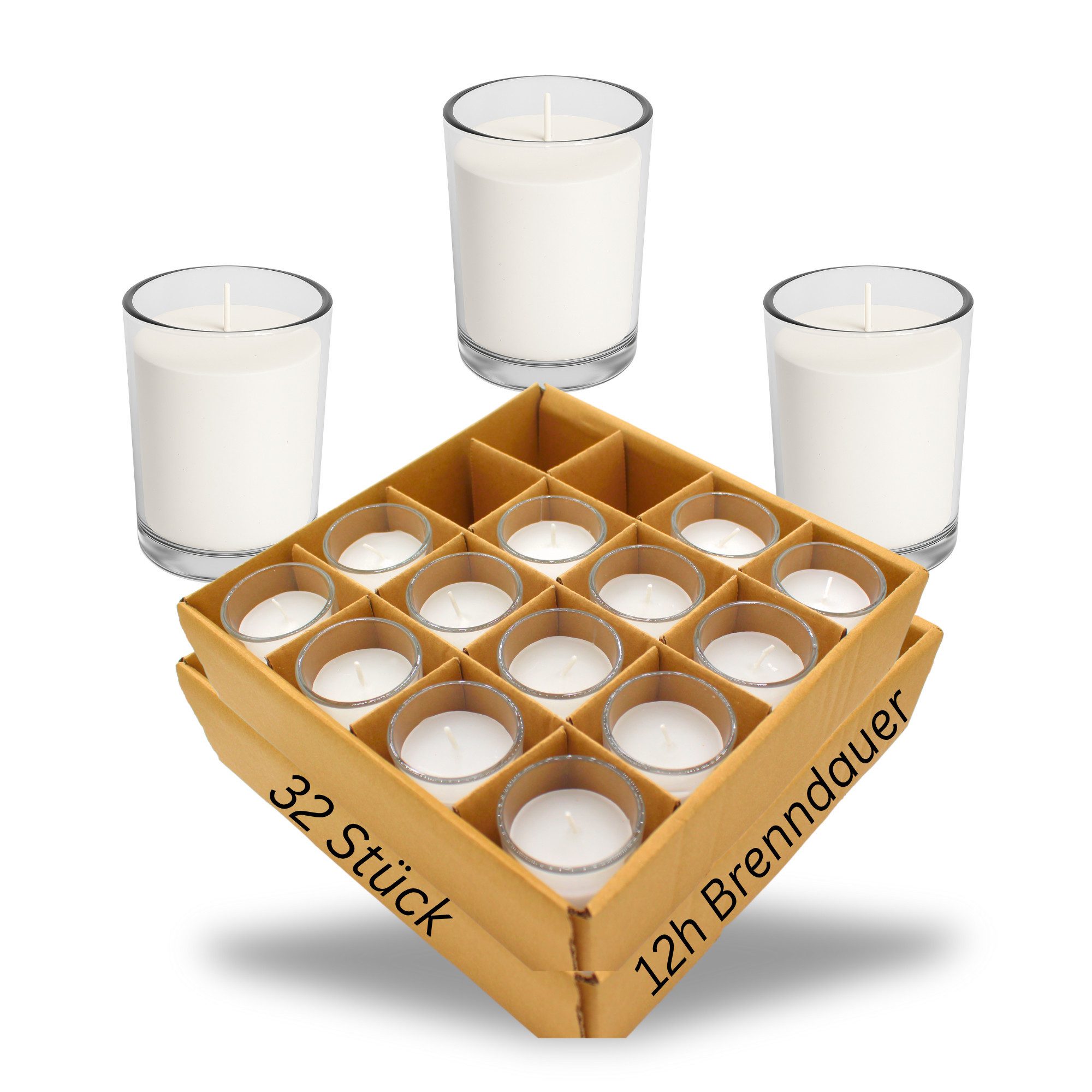 Candelo Teelicht Votivkerzen 32 Kerzen im Glas - Weiß - 12 Stunden Brenndau günstig online kaufen