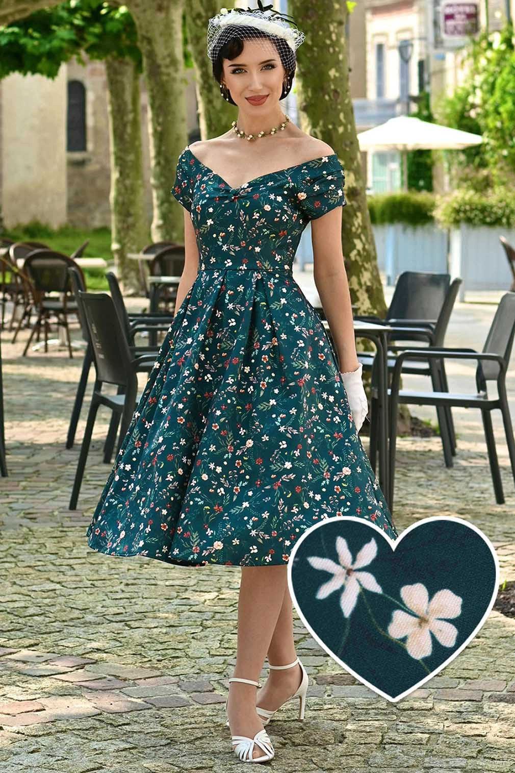 Dolly and Dotty A-Linien-Kleid Lily Forest Green Floral Off-Shoulder Vintag günstig online kaufen