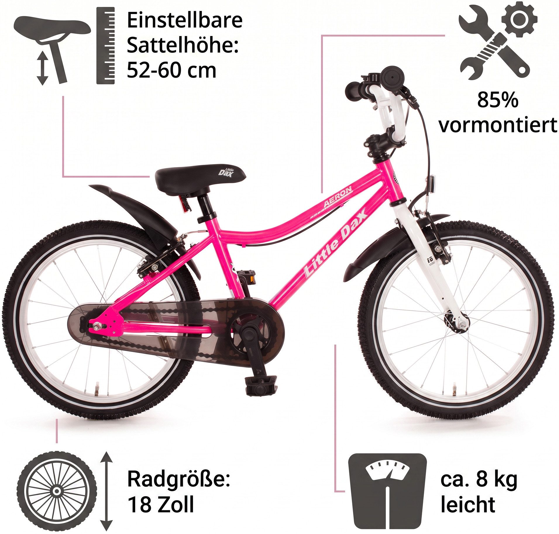 Bachtenkirch Kinderfahrrad 18 Zoll Pink Mädchen Fahrrad ab 4 Jahre, Schrittlänge des Kindes ab 48 cm, Einstellbare Sattelhöhe 52 bis 60 cm