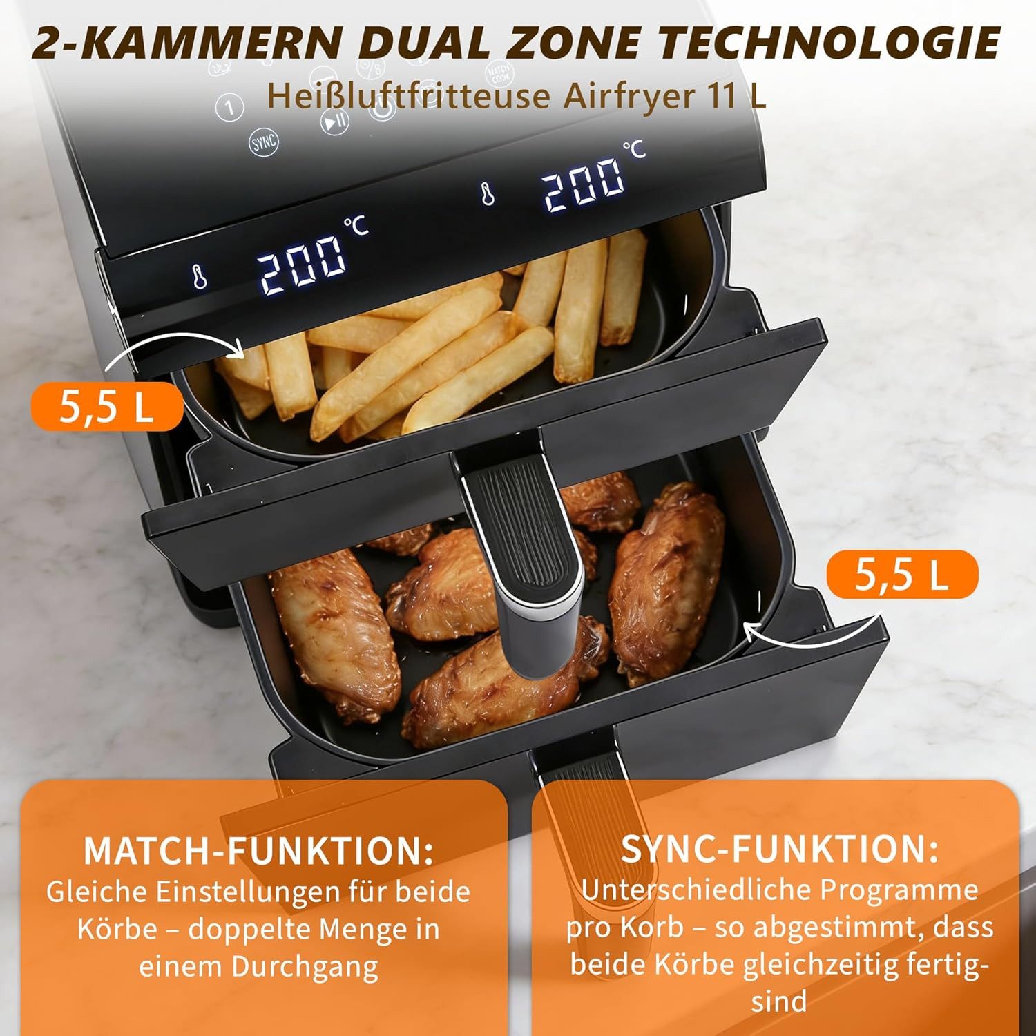 Nettlife Heißluftfritteuse Air fryer 2 unabhängigen Kammern 11L Gesamtvolumen 13-in-1 Doppelzonen-Funktion, 2800 W, Automatische Abschaltung Dual Zone Temperatu – Bild 5 von 5