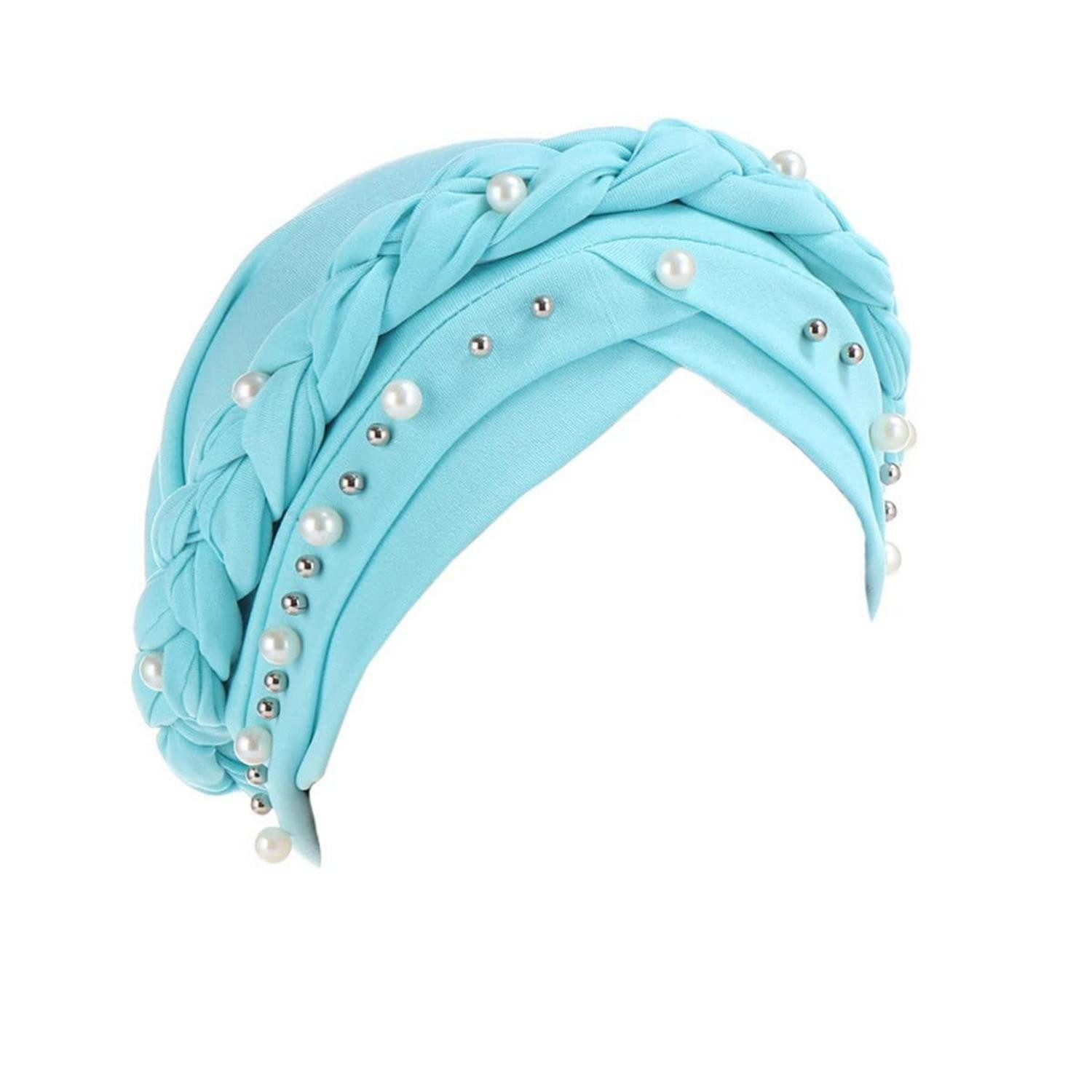 Turbanmütze Turban Damen Chemo Kopftuch Beanie Mütze Haarausfall Perle seeblau
