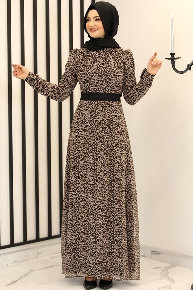 Modavitrini Chiffonkleid Damen Leoparden Gürtel) Modest Chiffon Mode Fashion Kleid Sommerkleid abnehmbaren Hijab (mit Kleid