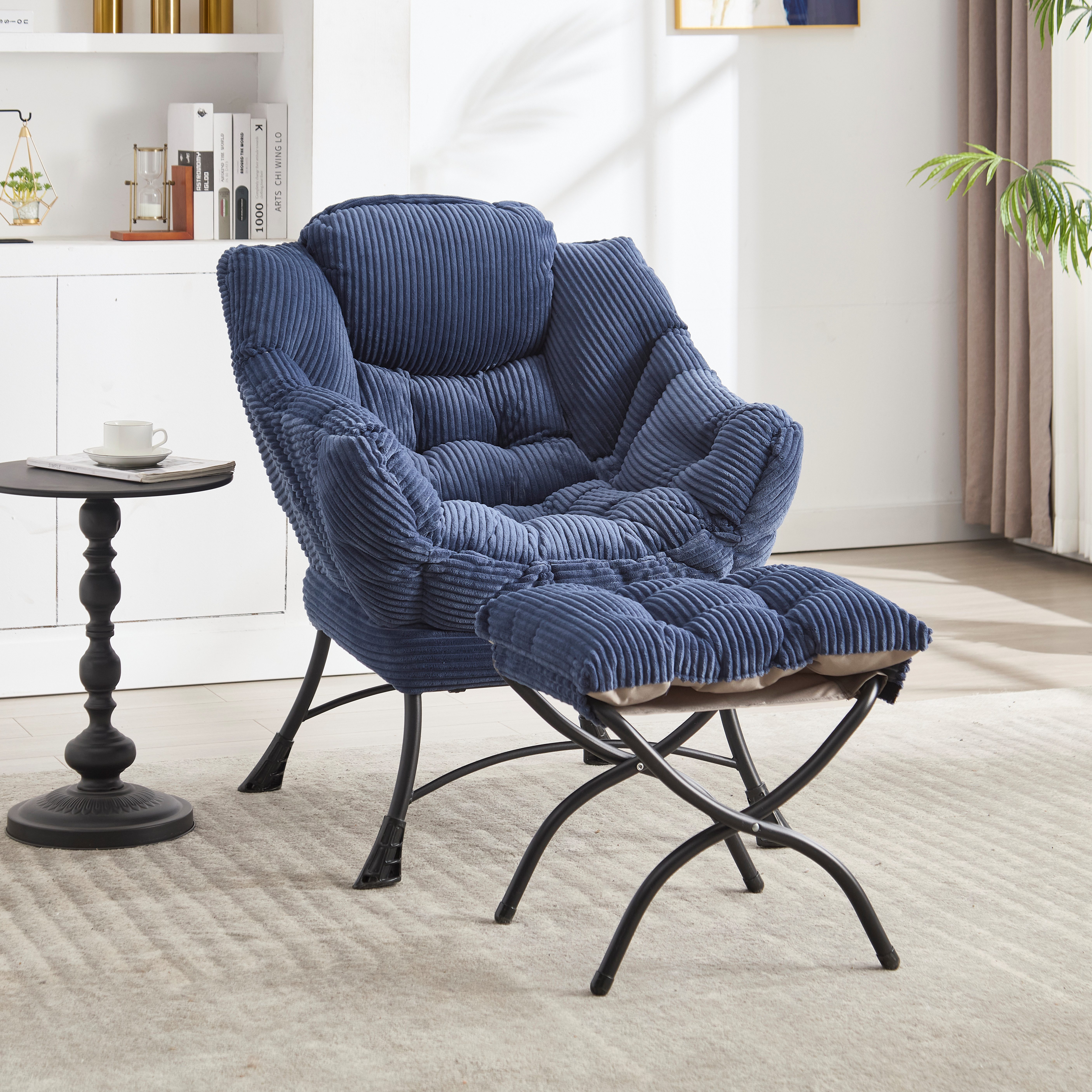 STILVORA Loungesofa mit Ottoman Fauler Stuhl mit Seitentasche für kleinen Raum Marineblau, Relaxsessel mit Fußhockel, Rückenlehnenstütze passt ergonomisch