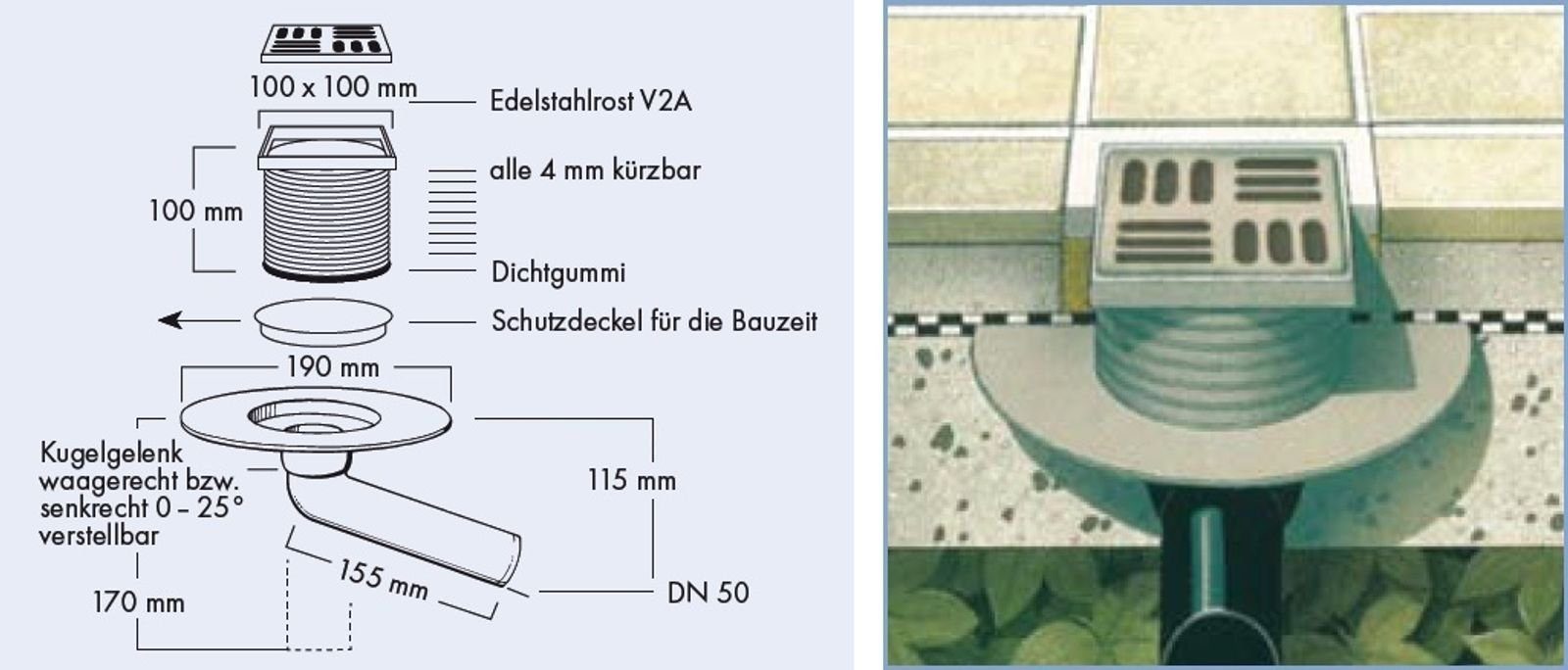 Marley Deutschland GmbH Haus- und Hofablauf DN50 Balkonablauf 100x100mm, Art. 067322