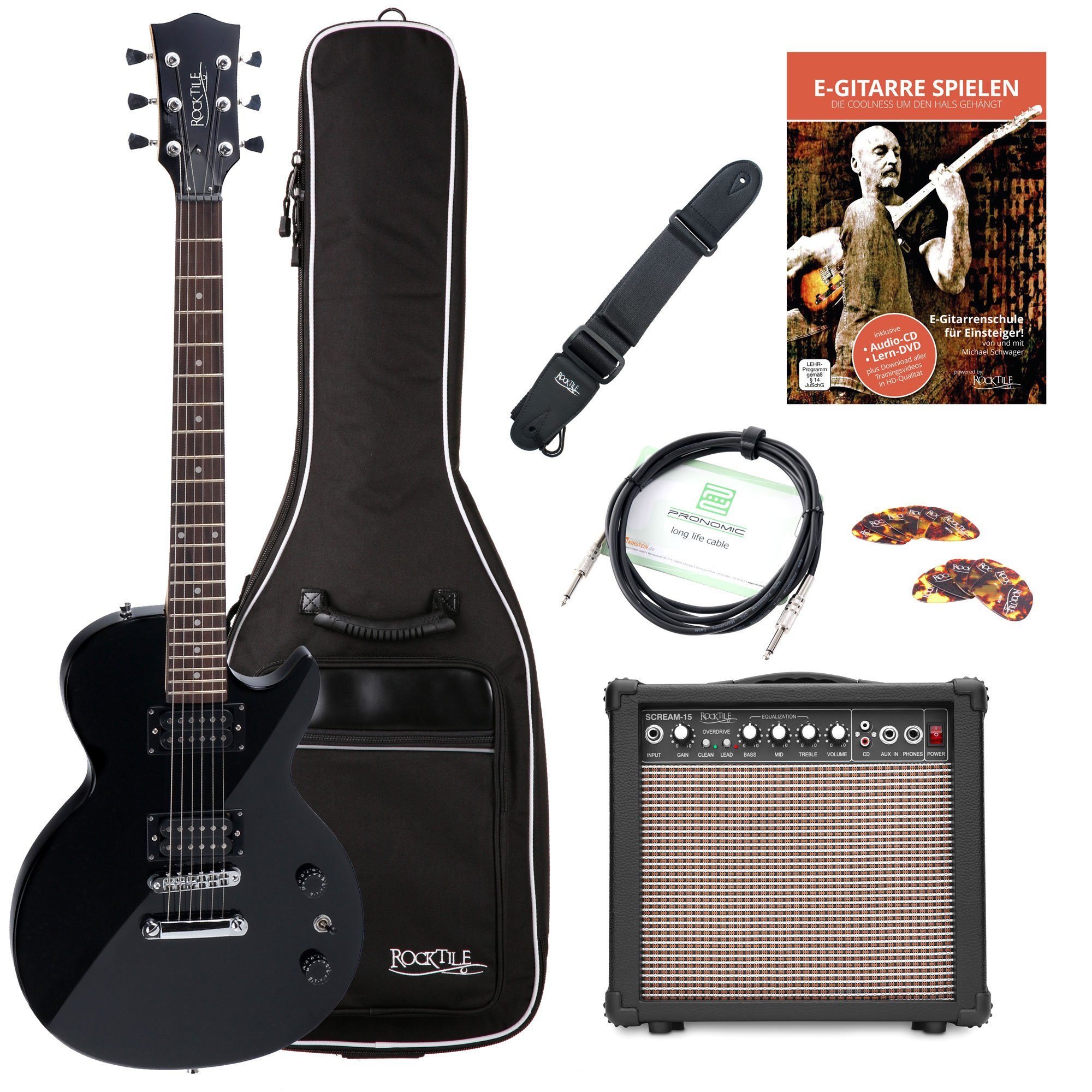 Rocktile E-Gitarre L-100 elektrische Gitarre, Single Cut, Spar-Set, inkl. Amp, Gigbag, Kabel, Plektren, Schule & Gurt