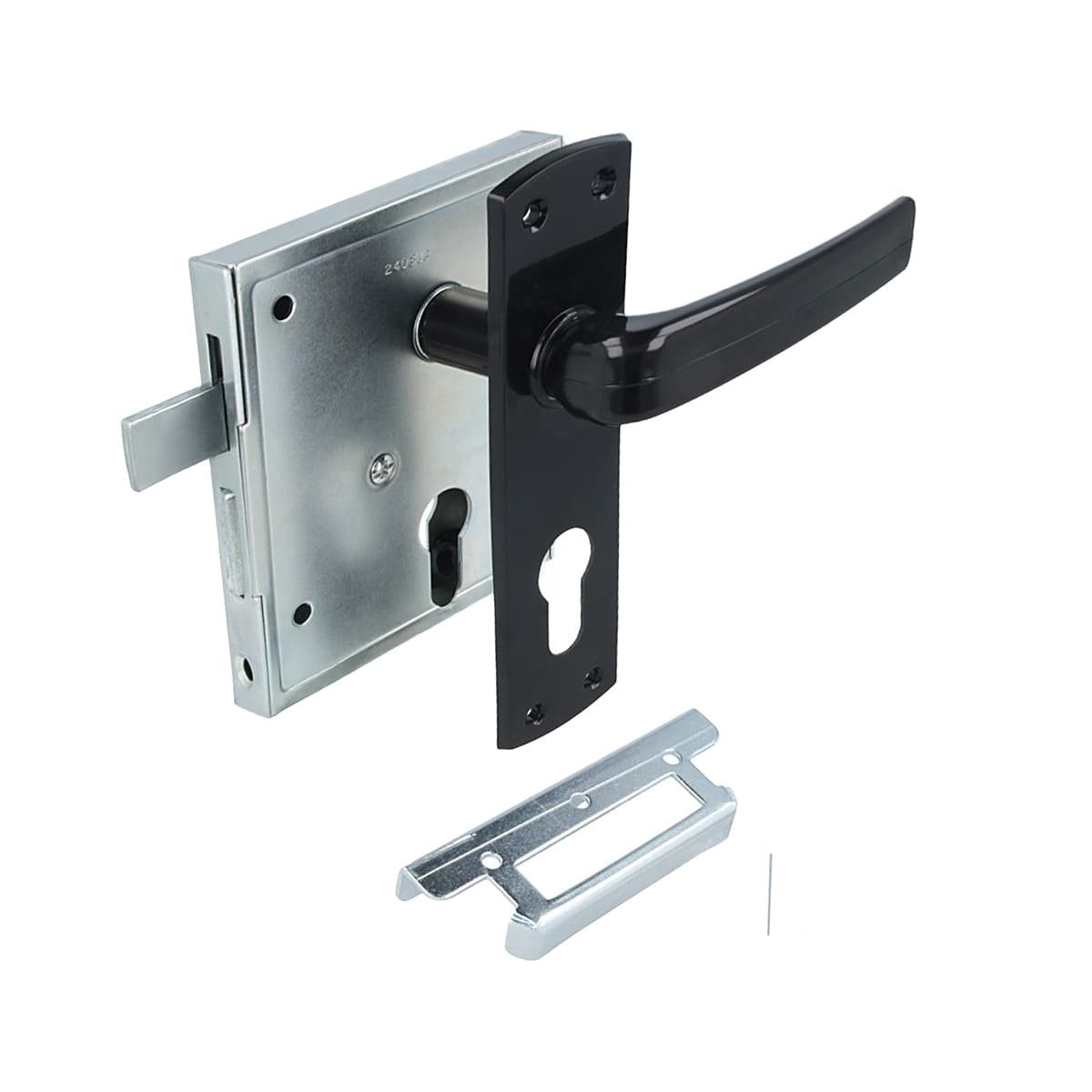 MS Beschläge Kastenschloss Aufschraubschloss mit hebender Falle - Drückerpaar »PZ«, Dornmaß 60 mm, mit Winkelschließblech, Türschloss mit schwarzem Kurzschild