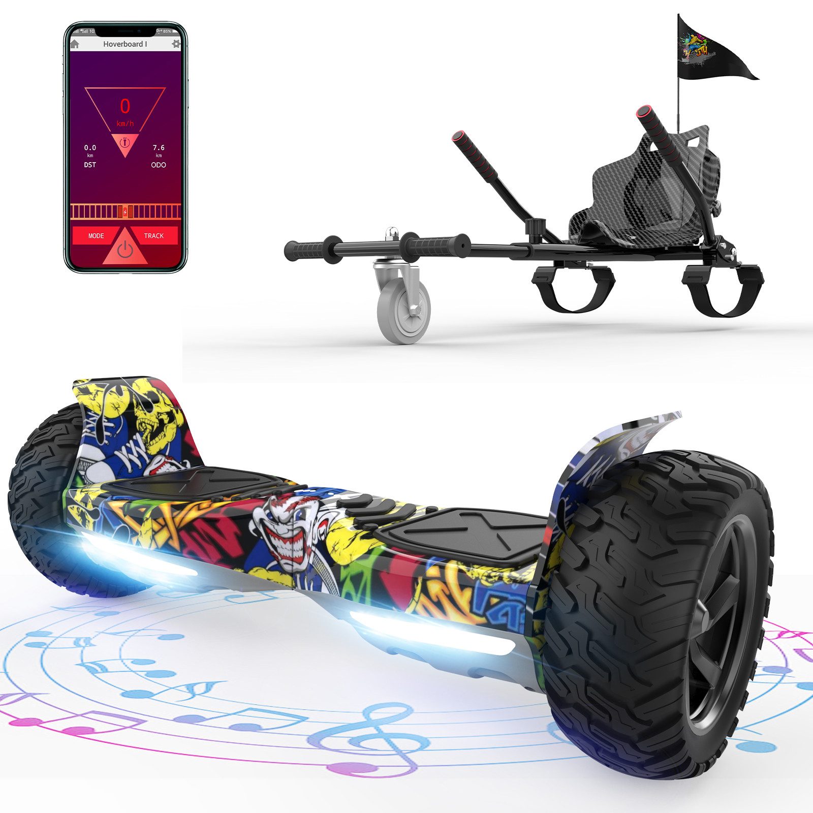 RCB TECH Balance Scooter Kart Set, 8,5'' Off-Road SUV Hoverboard mit Sitz, Go-Kart, APP, Bluetooth