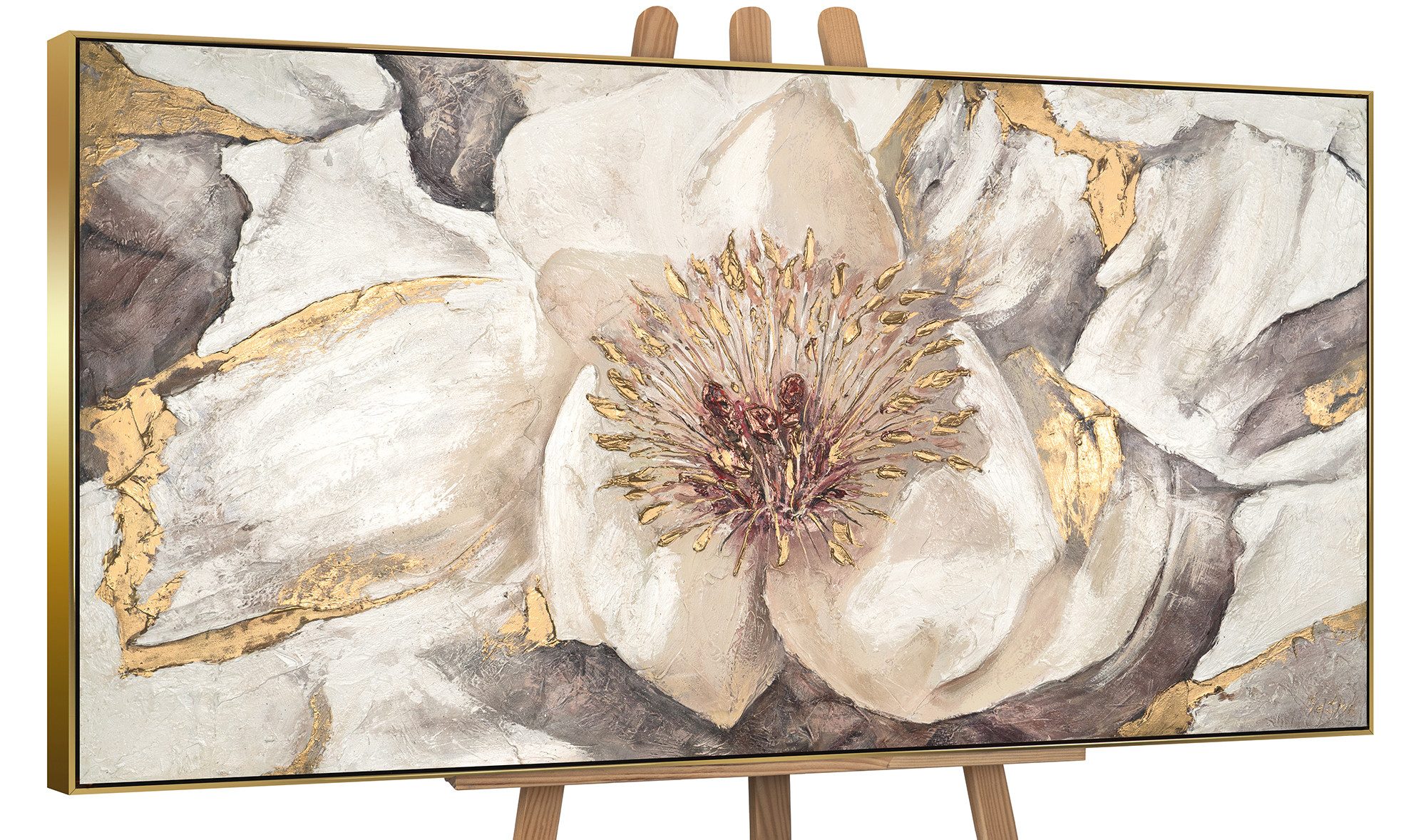 YS-Art Gemälde Malve, Blumen, Gold Weiß Blume Leinwand Bild Handgemalt