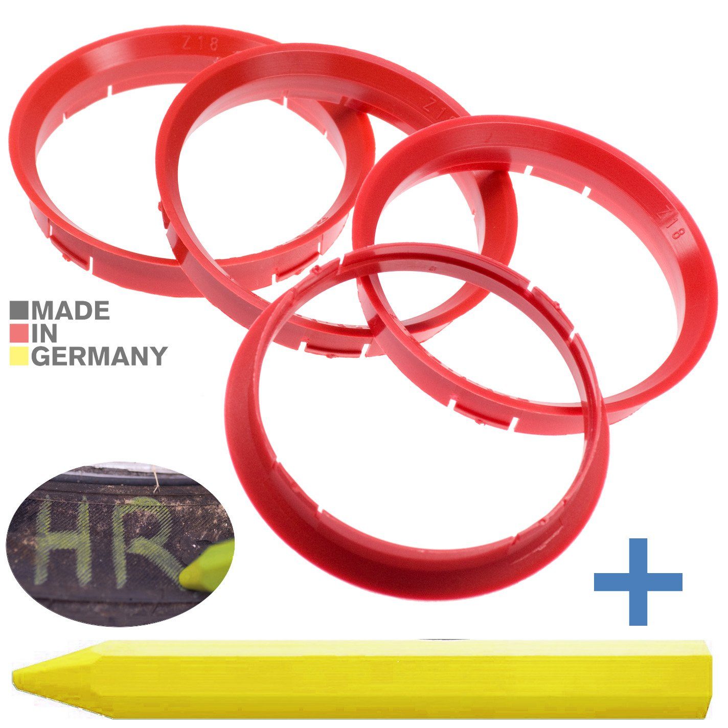 BRANDT AUTOMOTIVE Reifenstift 4X Zentrierringe Rot Felgen Ringe + 1x Reifen Kreide Fett Stift, Maße: 76,0 x 72,6 mm