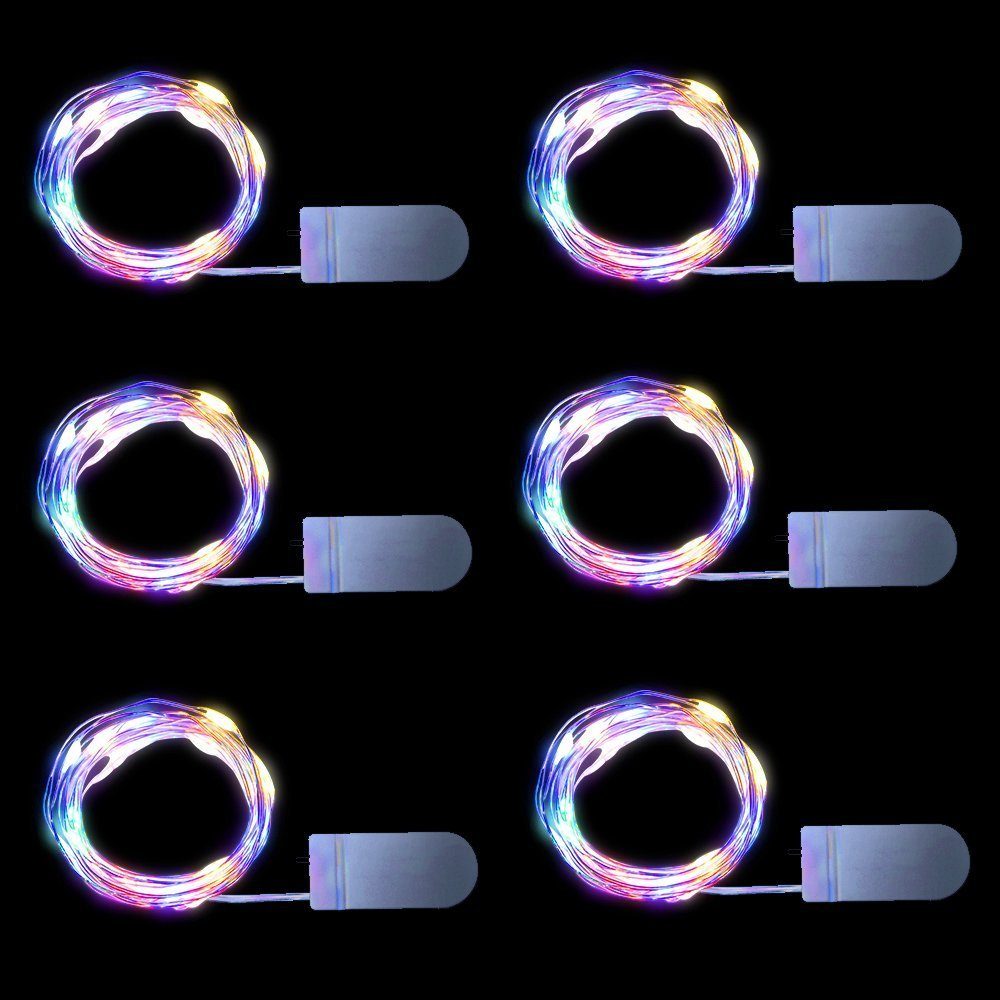 Sunicol LED-Lichterkette 6 Packungen, je 2M, Silberdraht, wasserdicht, Batterie Multicolor