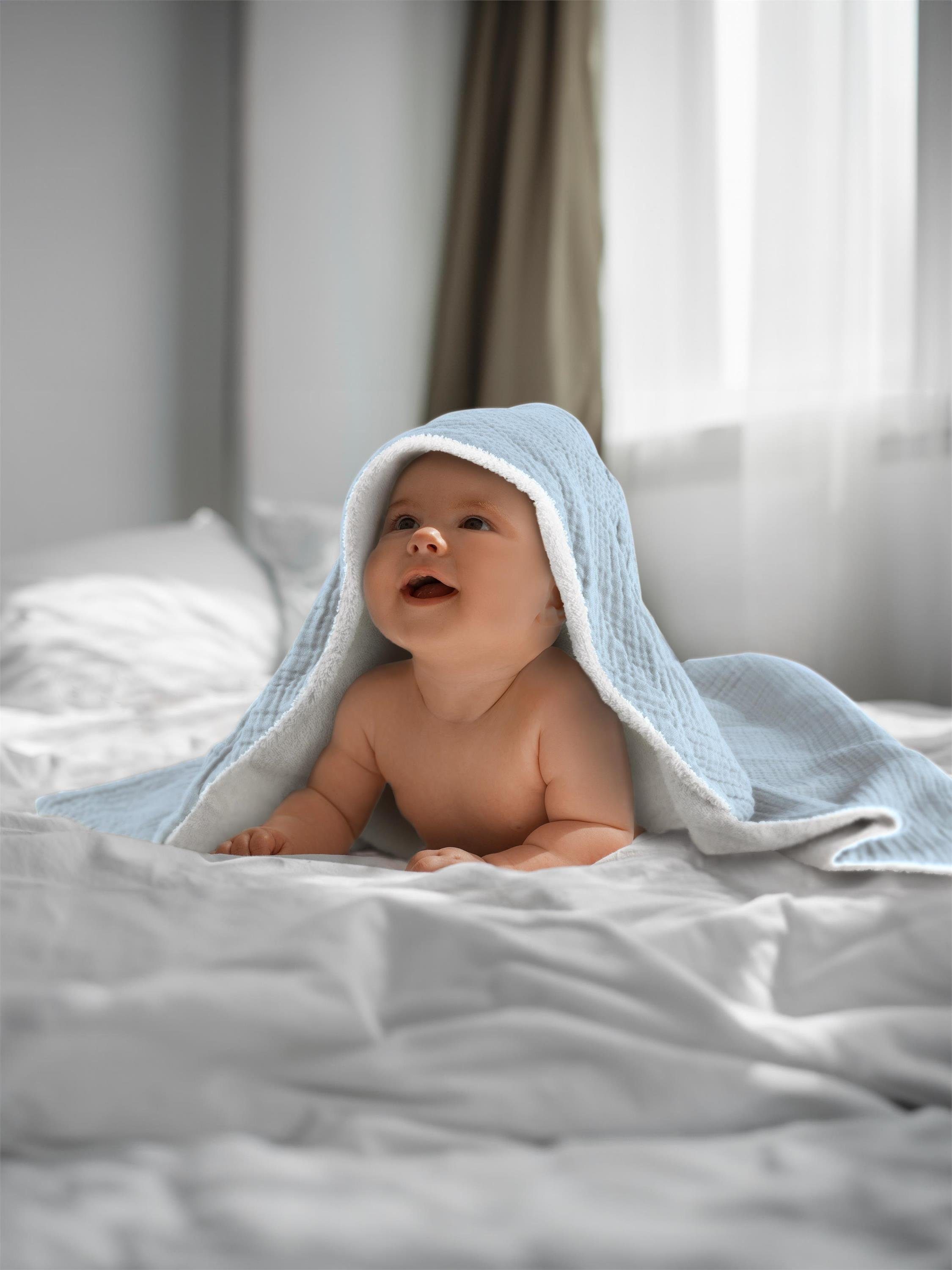 Baby Wickeltücher Material Frottee, Bio-Baumwolle, Kapuzenhandtuch Aspero Baby Musselin aus 2x Hellblau weichem aus Kapuzentücher
