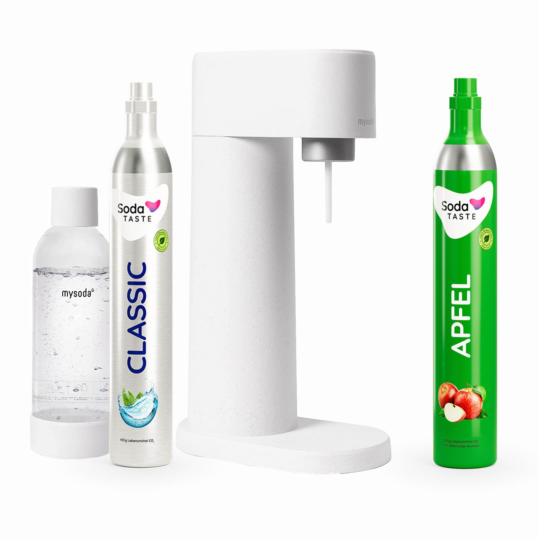 SodaTASTE Wassersprudler SodaTASTE Sparangebot: Woody Wassersprudler Weiß + CO2-Aroma Zylinder, Biokomposit-Sprudler, 2x CO2 (1x Aroma), 1L Flasche, stromlos
